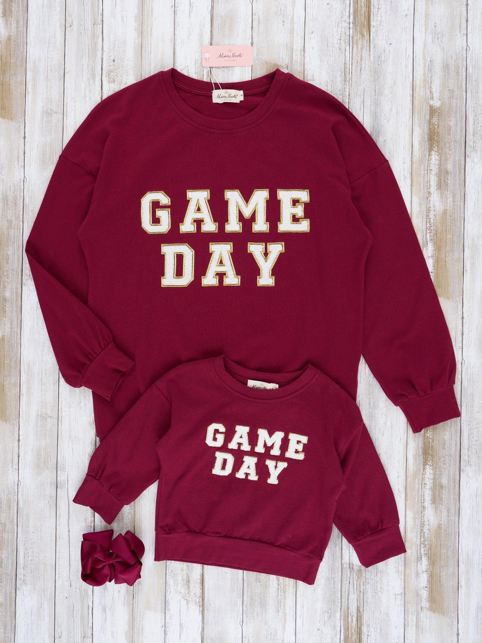 Mom & Me Maroon "Game Day" Puff Letter Crew Neck & Romper - Marie Nicole Clothing