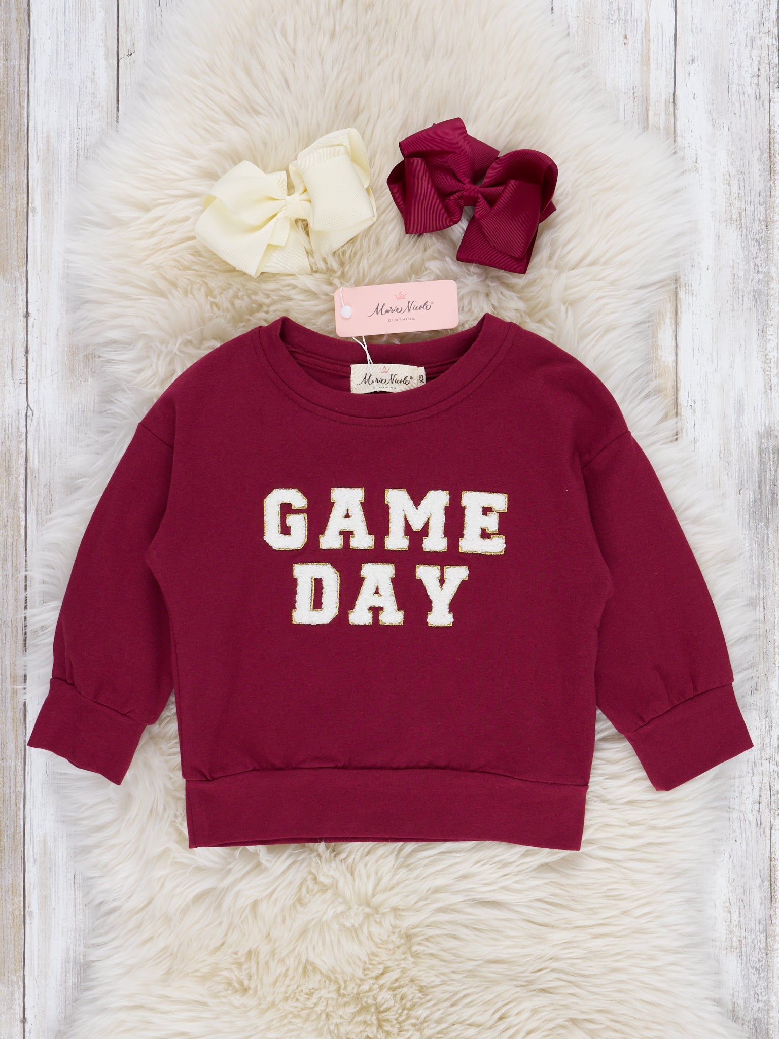 Mom & Me Maroon "Game Day" Puff Letter Crew Neck & Romper - Marie Nicole Clothing