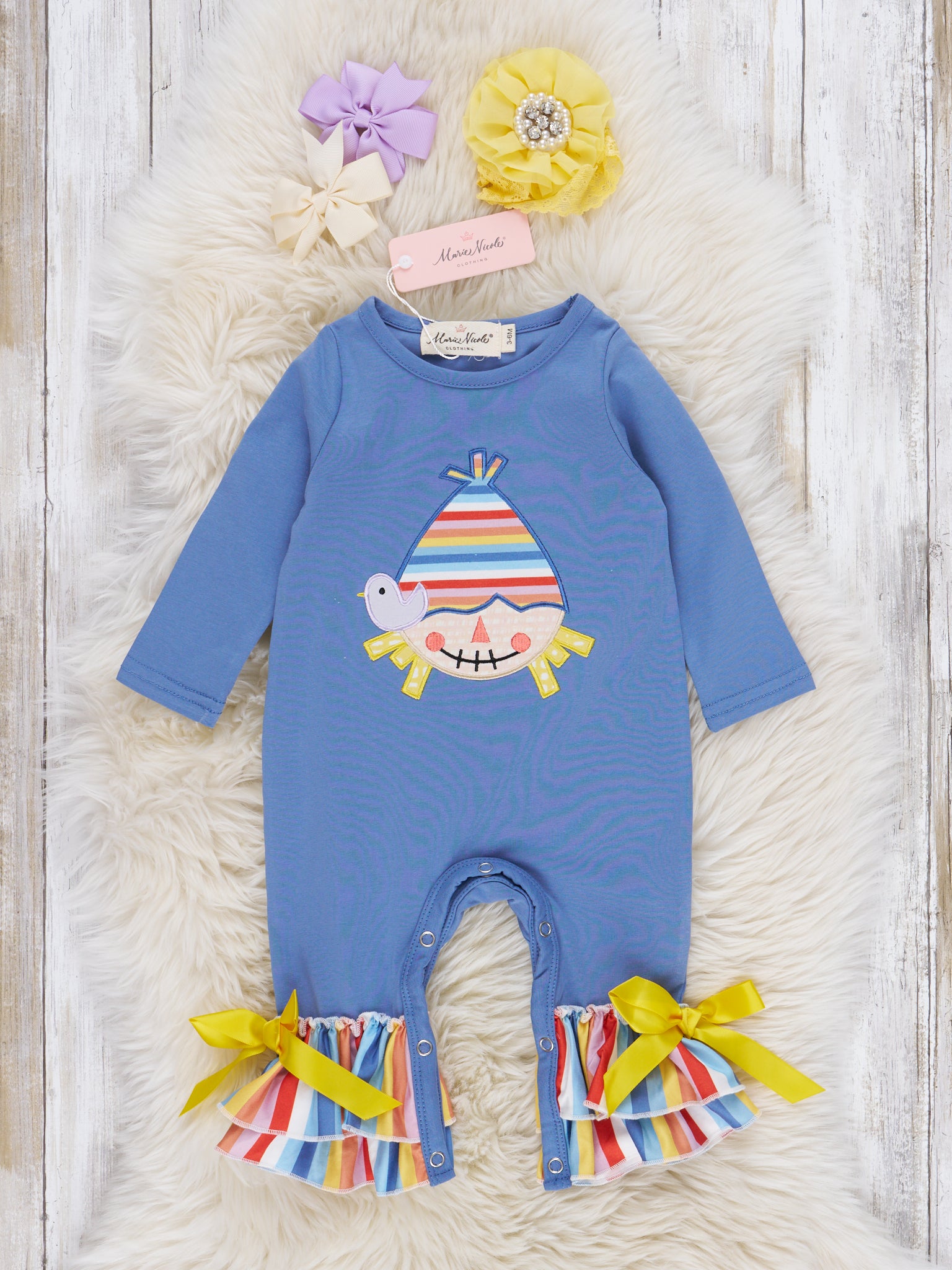 Chambray Rainbow Scarecrow Ruffle Romper - Marie Nicole Clothing