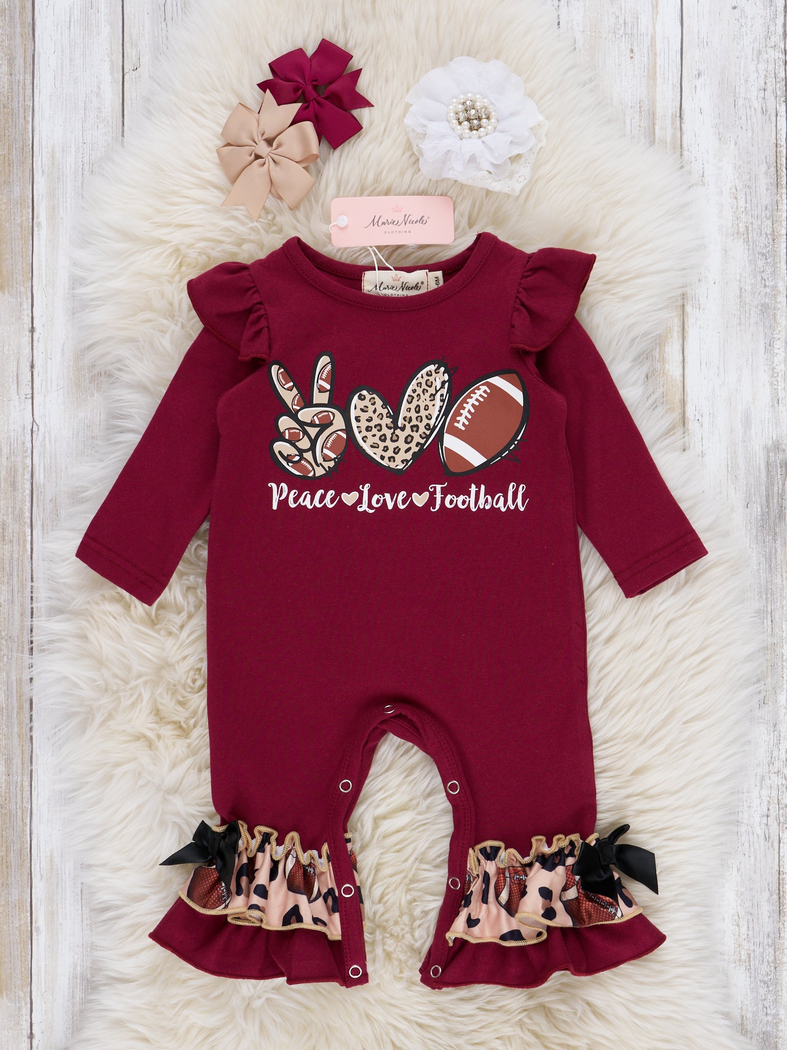 Burgundy "Love, Peace & Football" Ruffle Romper - Marie Nicole Clothing