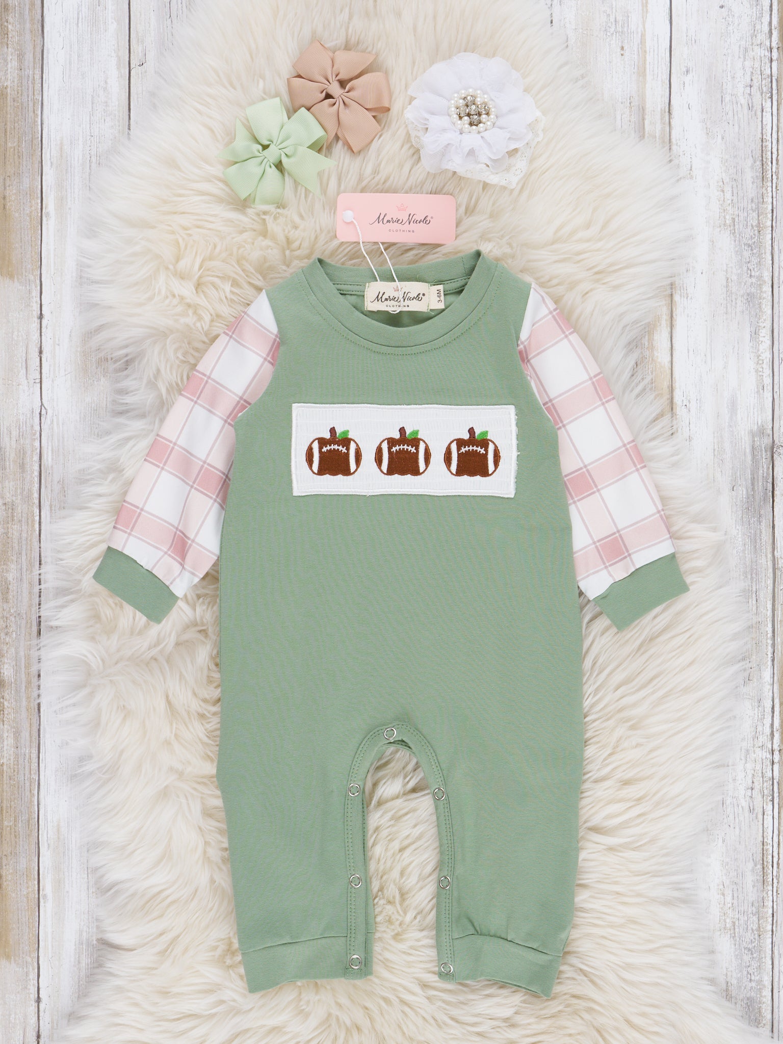 Tan & Olive Plaid Smocked Football Romper - Marie Nicole Clothing