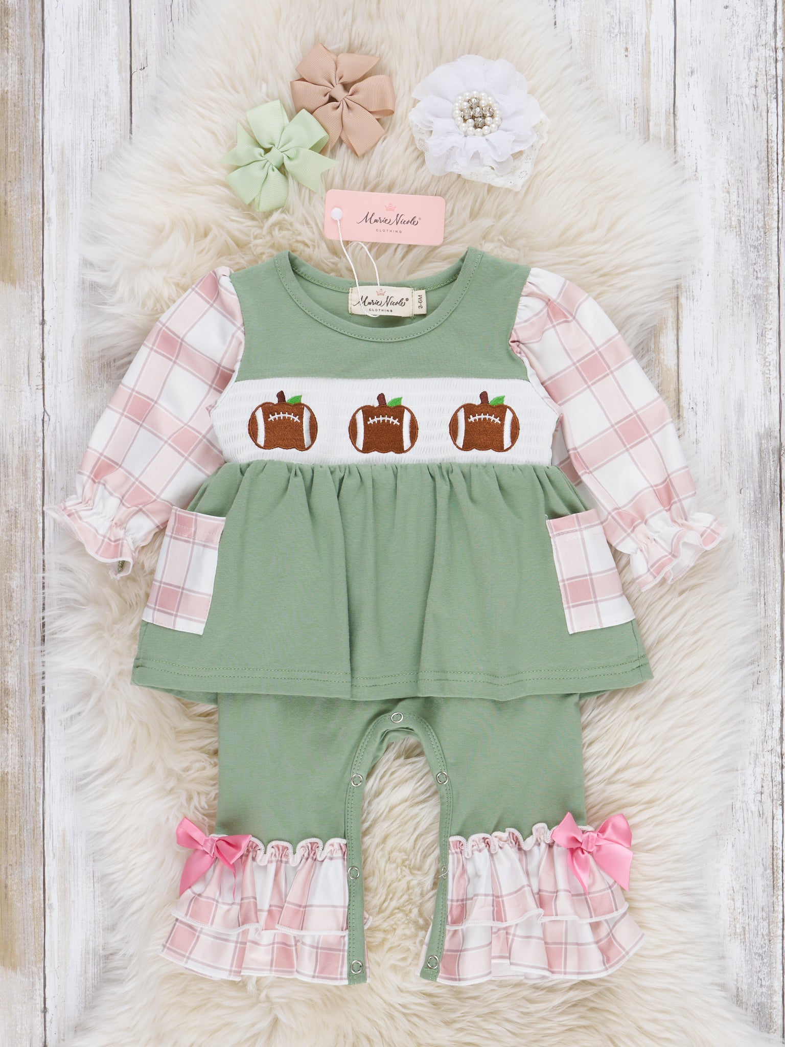 Tan & Olive Plaid Smocked Football Ruffle Romper - Marie Nicole Clothing