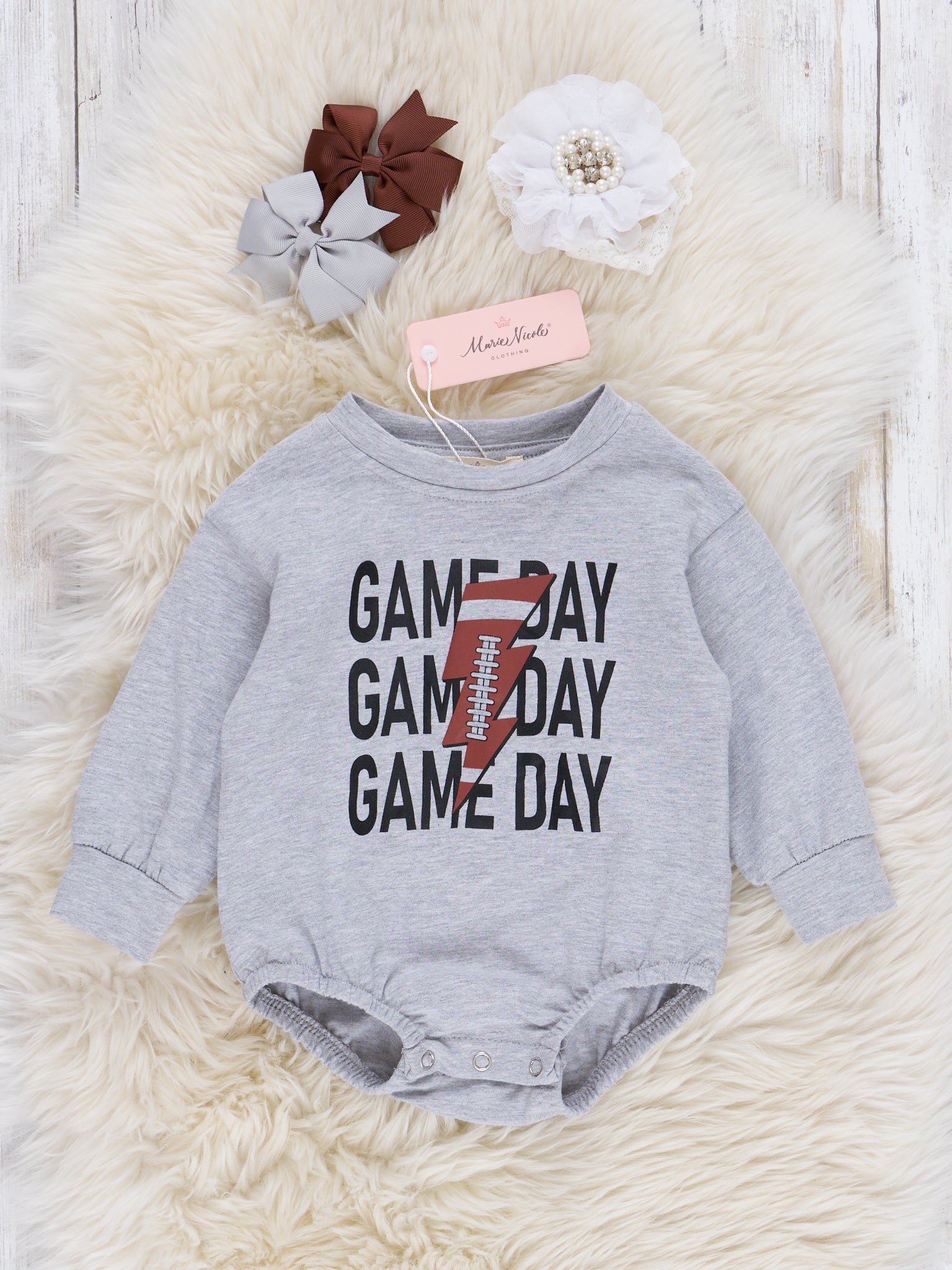 Mom & Me Heather Grey "Game Day" Football Crew Neck & Romper - Marie Nicole Clothing
