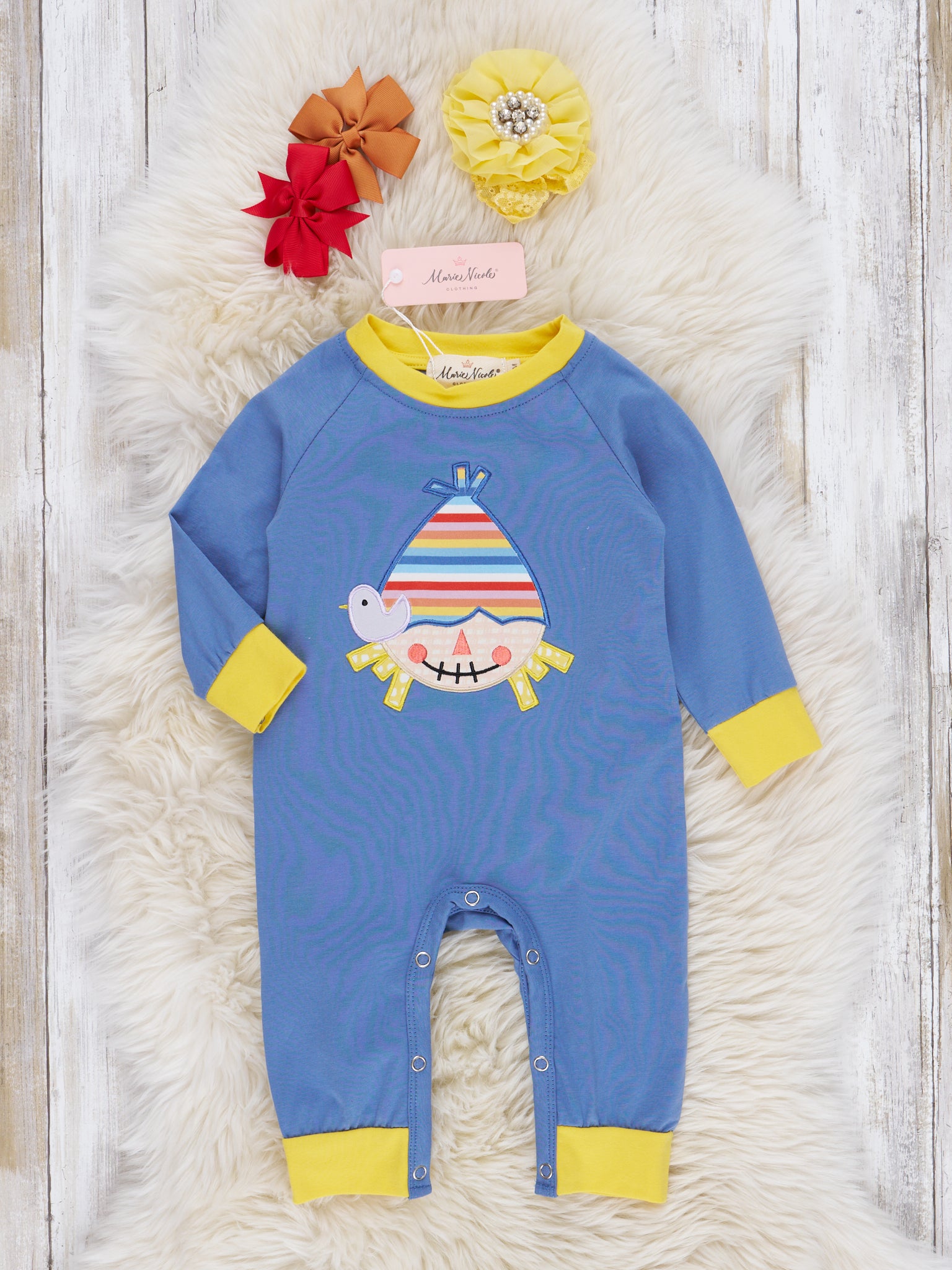 Chambray Rainbow Scarecrow Romper - Marie Nicole Clothing