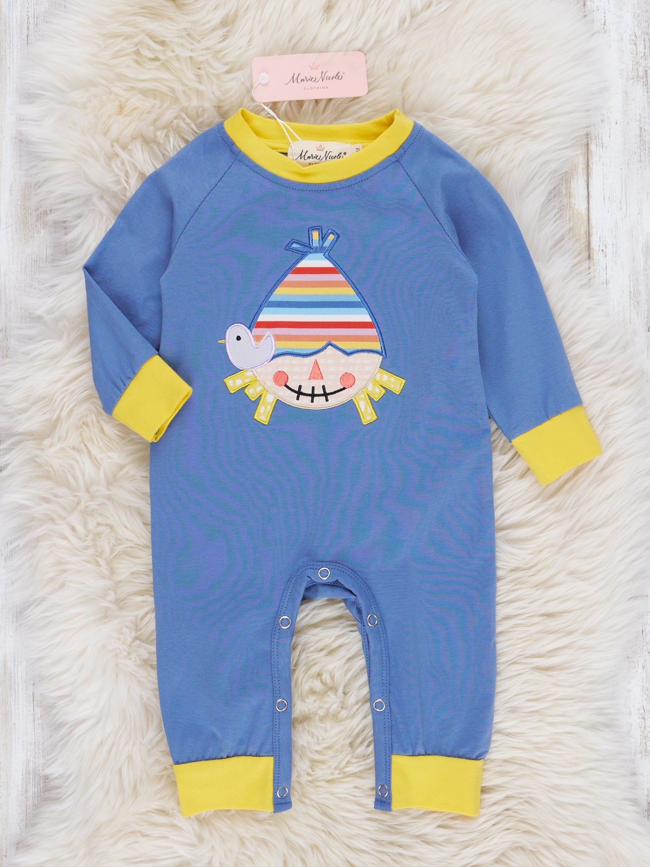 Chambray Rainbow Scarecrow Romper - Marie Nicole Clothing