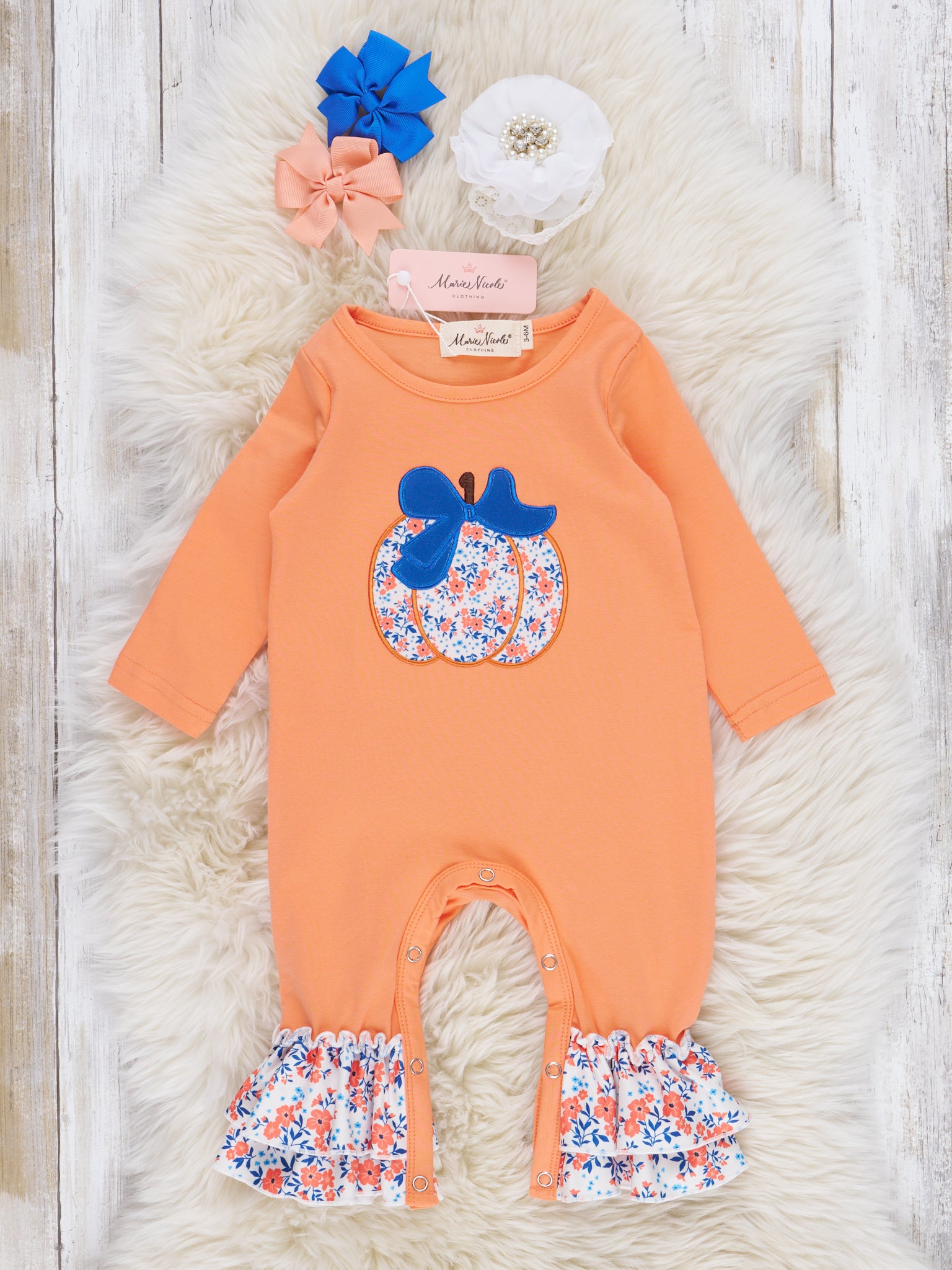 Orange & Navy Floral Pumpkin Ruffle Romper - Marie Nicole Clothing