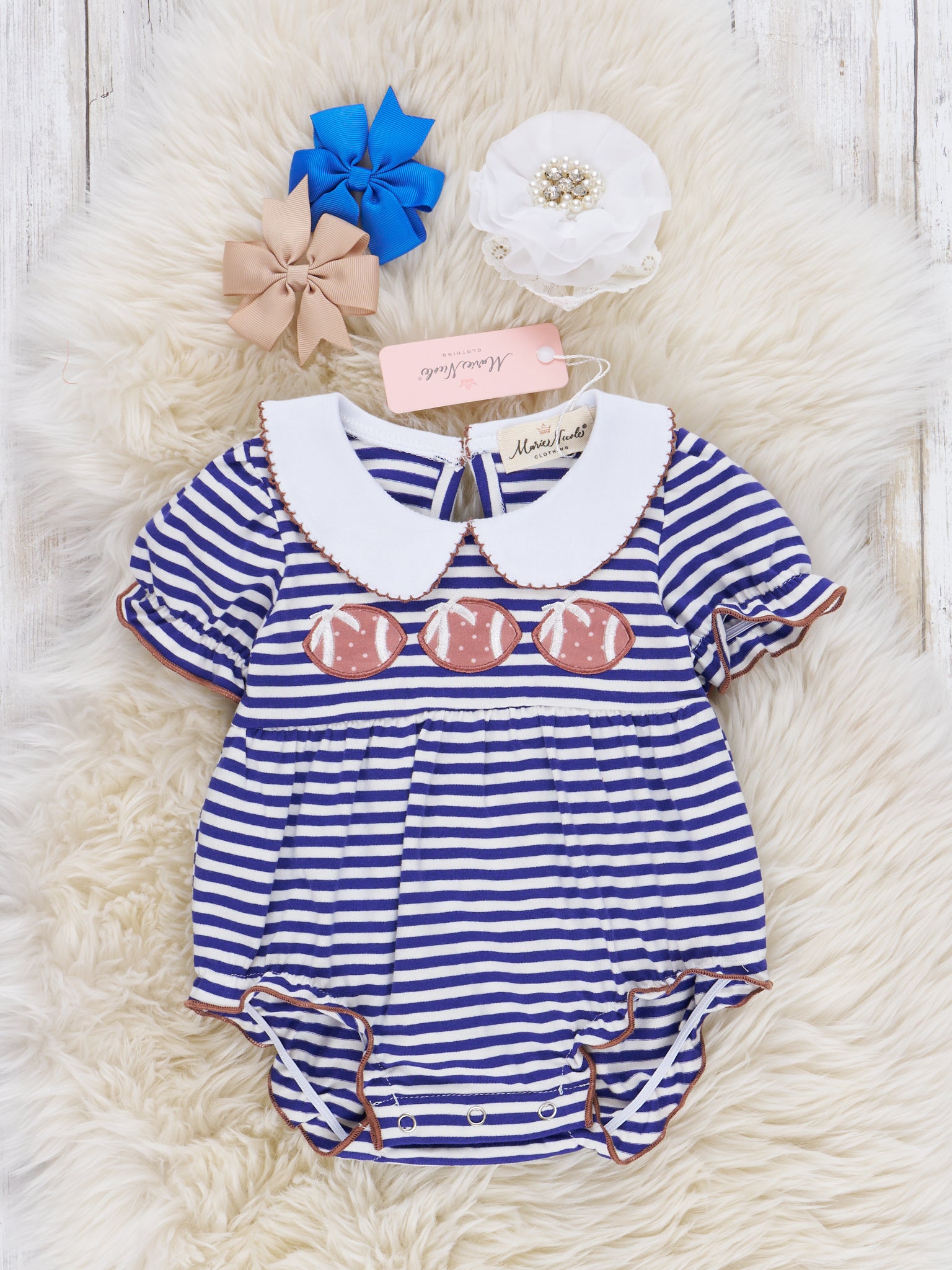 Embroidered Football Striped Romper - Marie Nicole Clothing