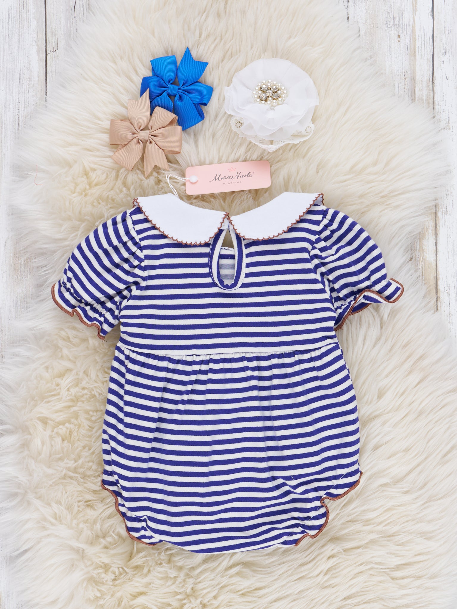 Embroidered Football Striped Romper - Marie Nicole Clothing