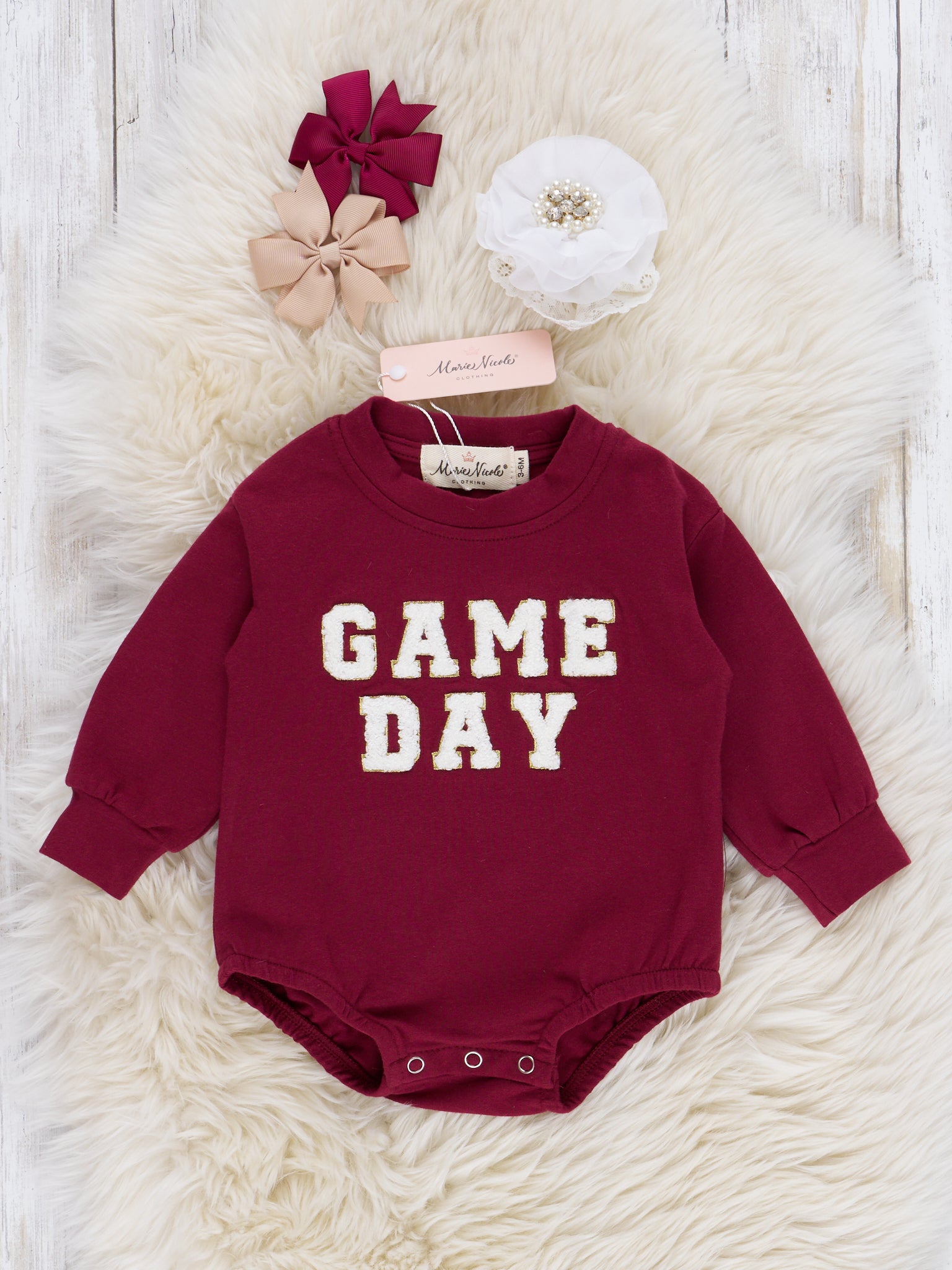 Mom & Me Maroon "Game Day" Puff Letter Crew Neck & Romper - Marie Nicole Clothing