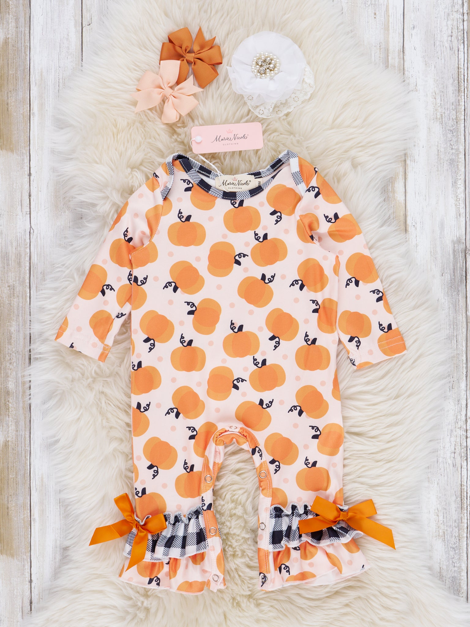 Orange Watercolor Pumpkins Gingham Ruffle Romper - Marie Nicole Clothing