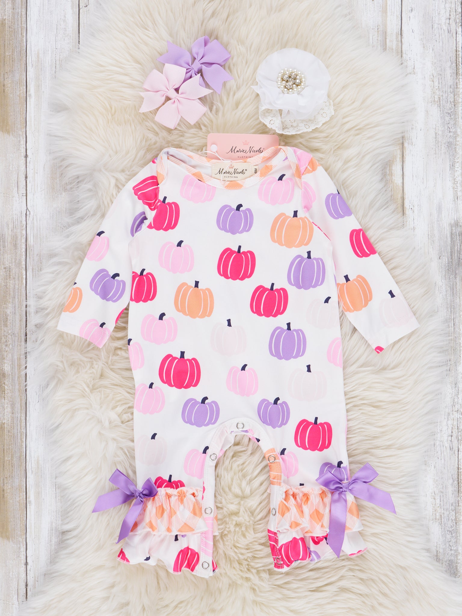Lilac & Magenta Pumpkins Ruffle Romper - Marie Nicole Clothing