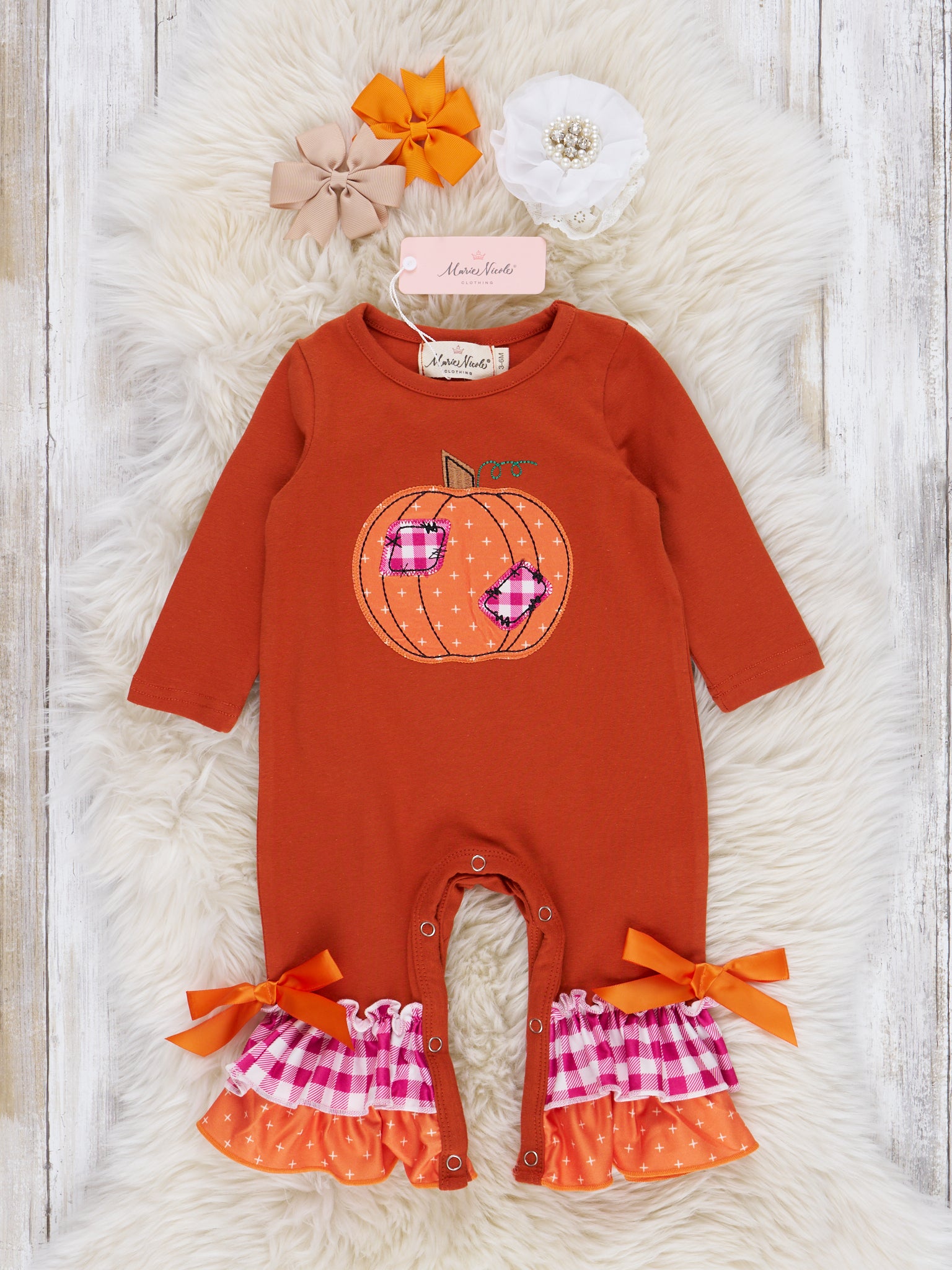 Magenta & Cinnamon Gingham Pumpkin Romper - Marie Nicole Clothing