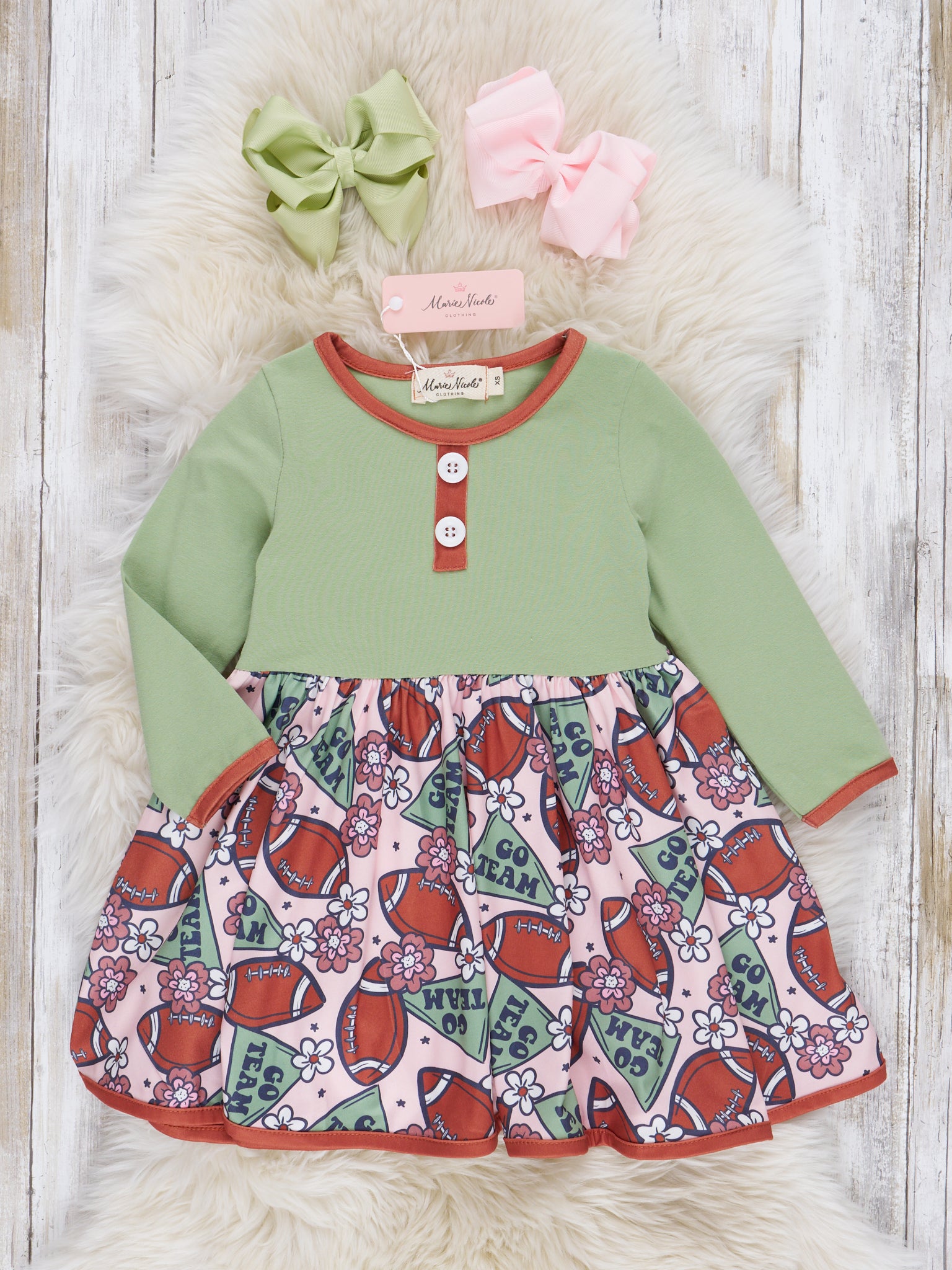 Pistachio & Chocolate Trim Football Dress - Marie Nicole Clothing