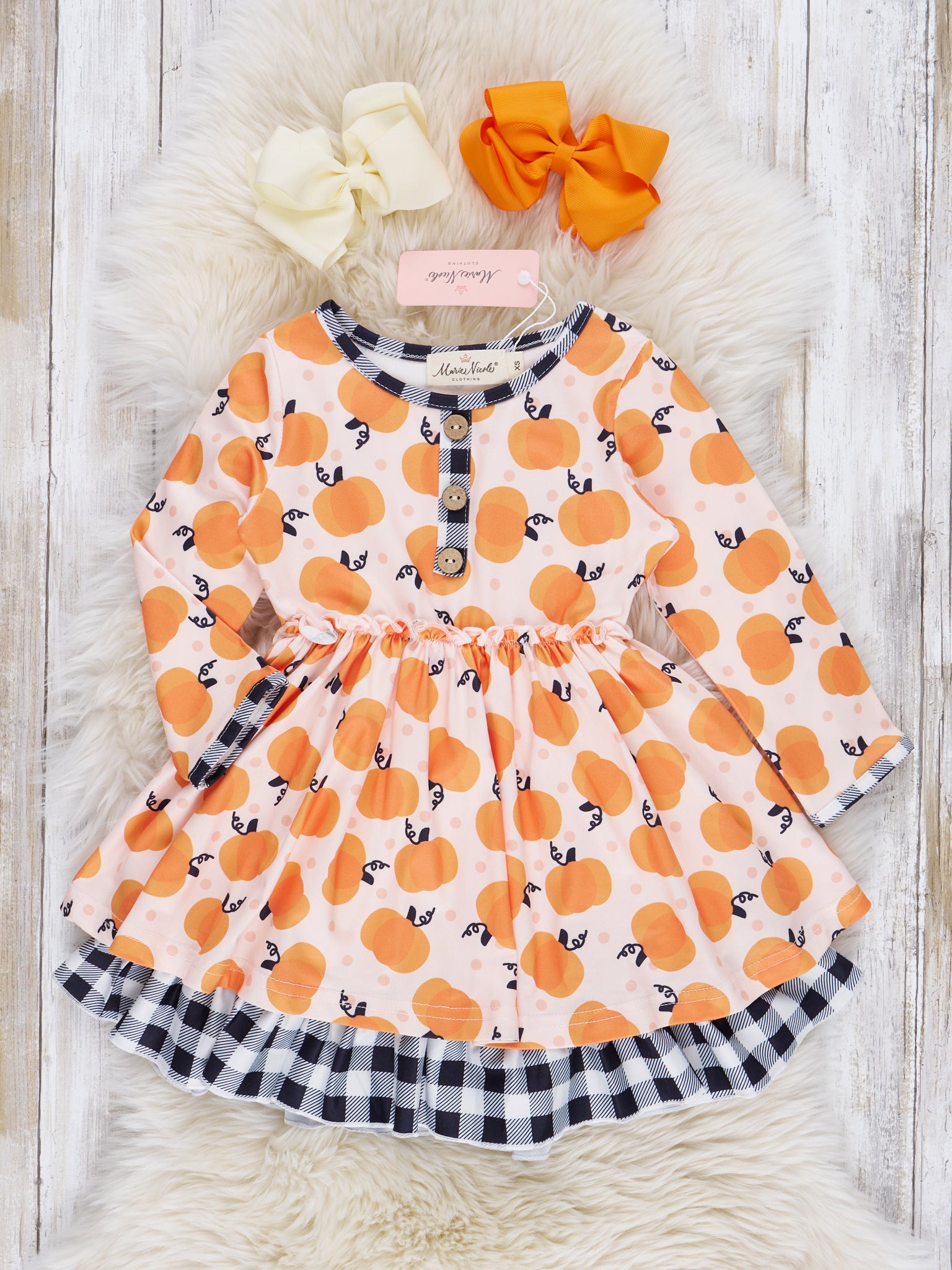 Orange Watercolor Pumpkins Gingham Ruffle Dress - Marie Nicole Clothing