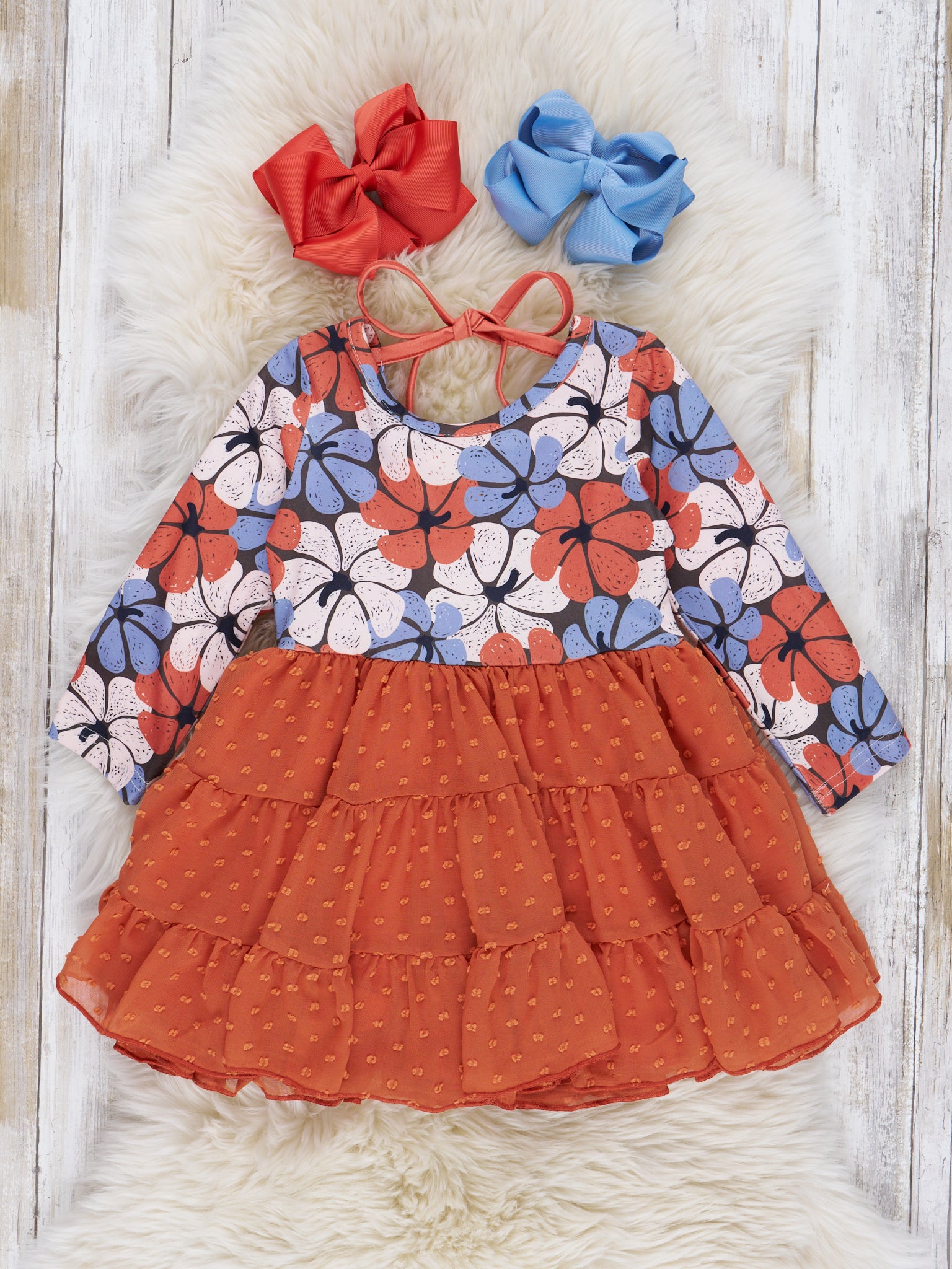 Burnt Orange & Blue Floral Swiss Dot Dress - Marie Nicole Clothing