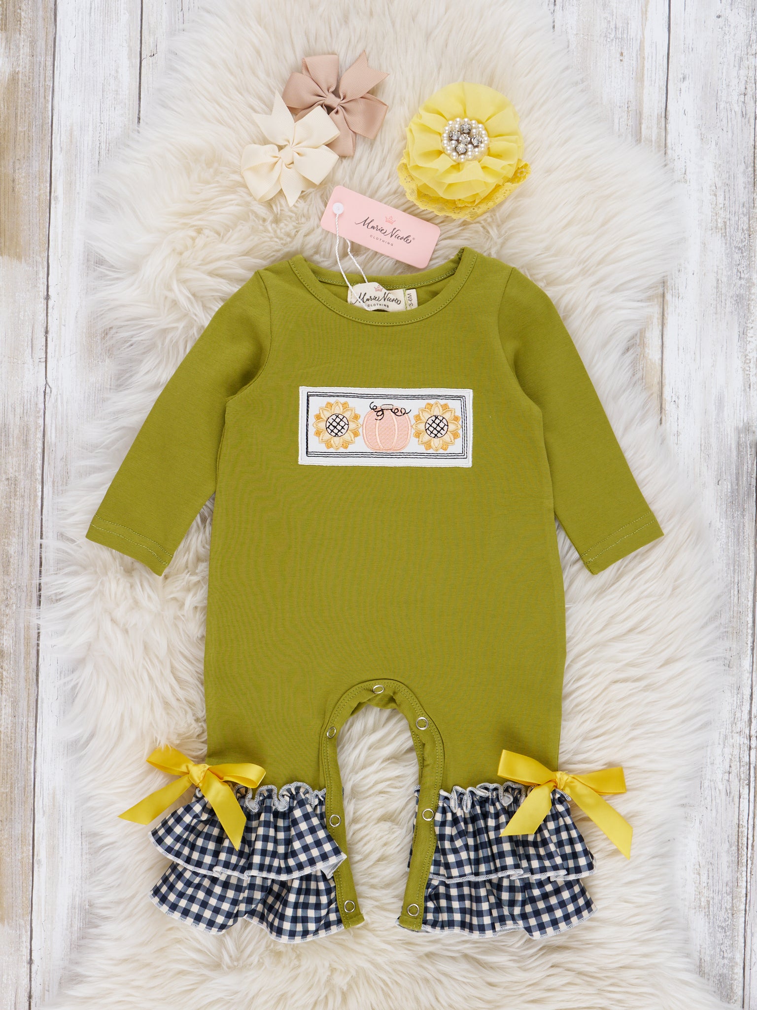 Olive Embroidered Sunflower Gingham Romper - Marie Nicole Clothing