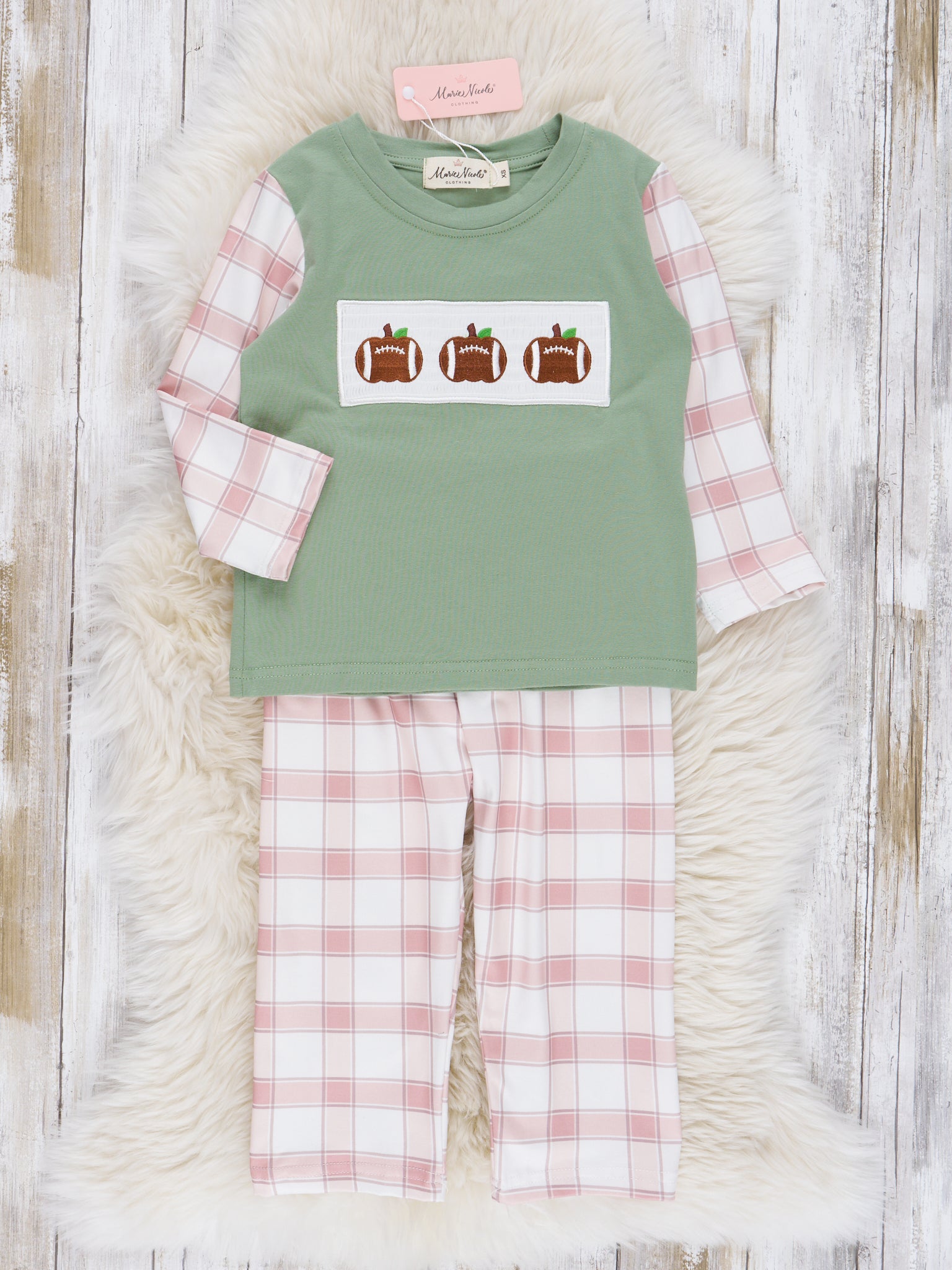 Tan & Olive Plaid Smocked Football Outfit - Marie Nicole Clothing