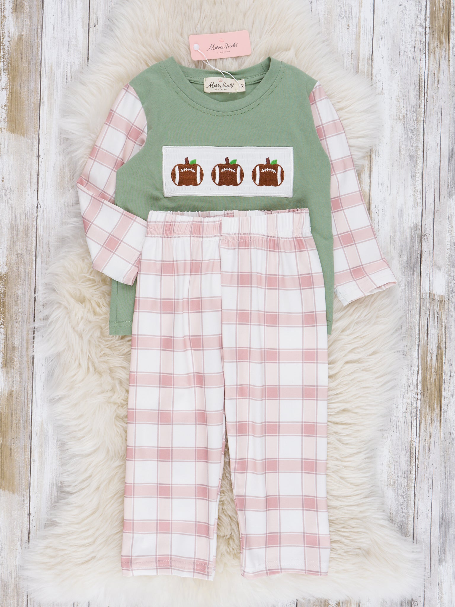 Tan & Olive Plaid Smocked Football Outfit - Marie Nicole Clothing
