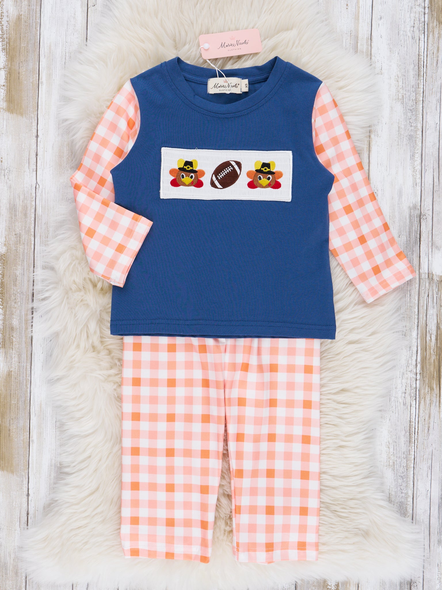 Navy & Orange Plaid Smocked Football Outfit - Marie Nicole Clothing