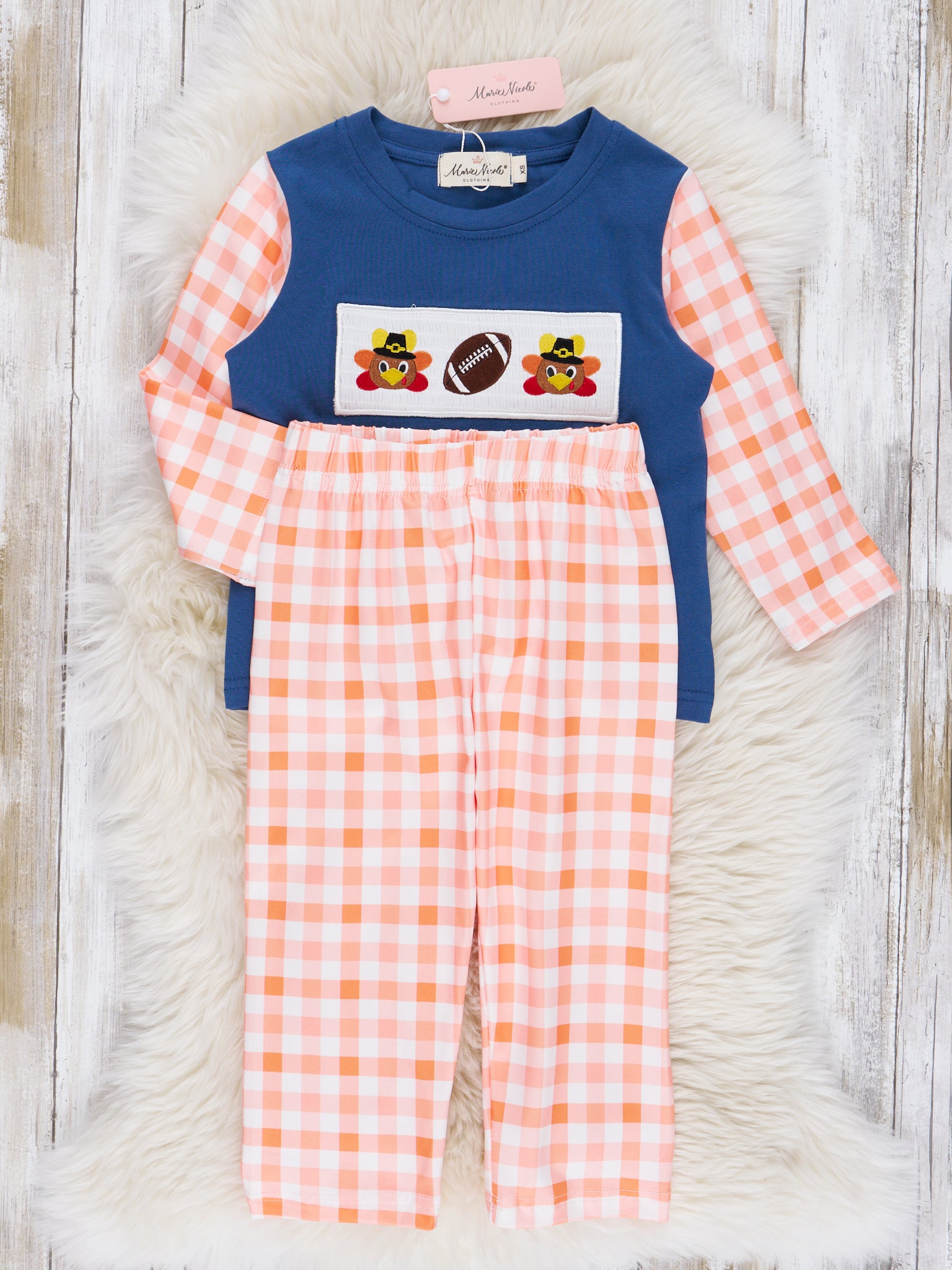 Navy & Orange Plaid Smocked Football Outfit - Marie Nicole Clothing