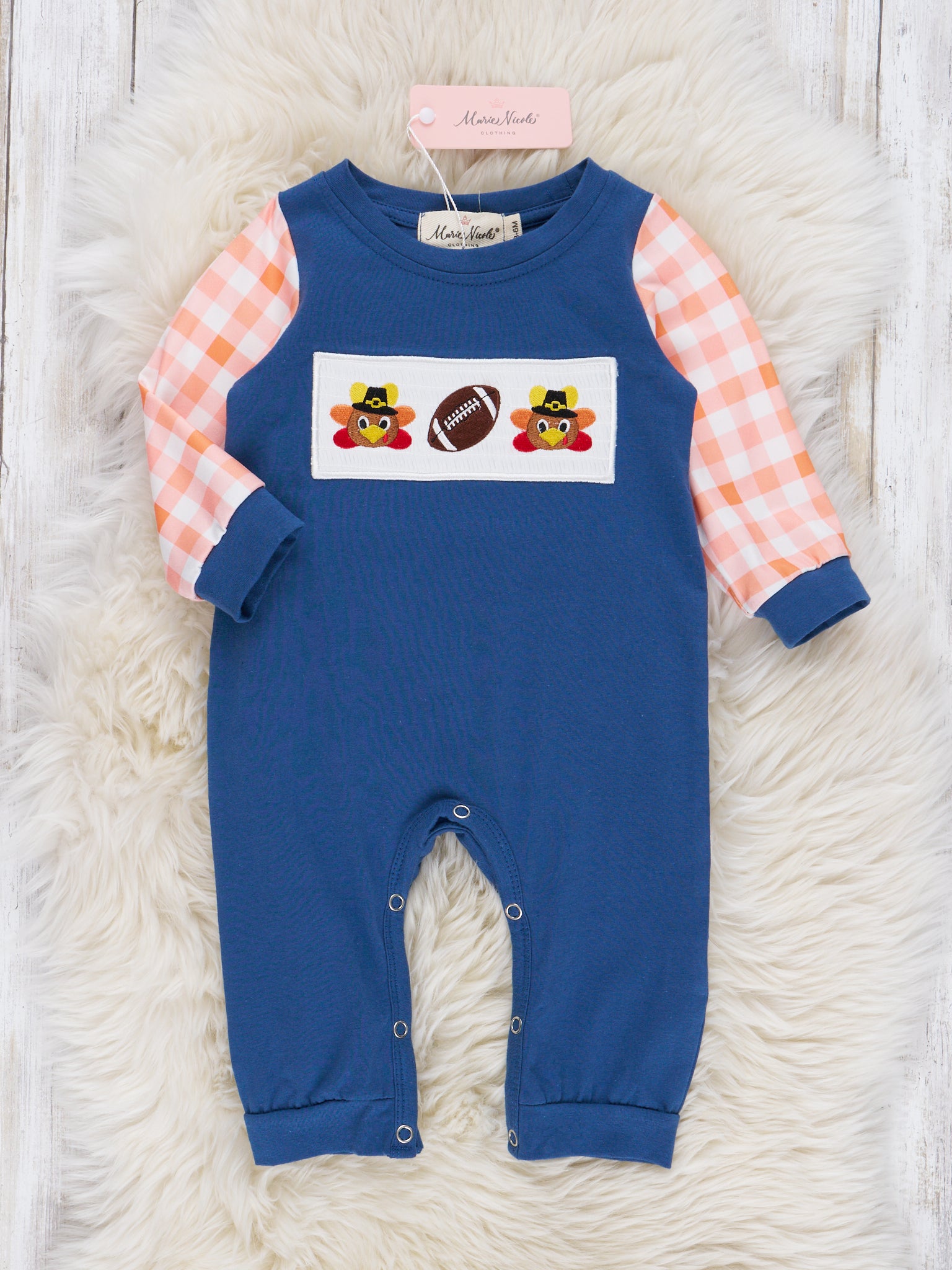 Navy & Orange Plaid Smocked Football Romper - Marie Nicole Clothing