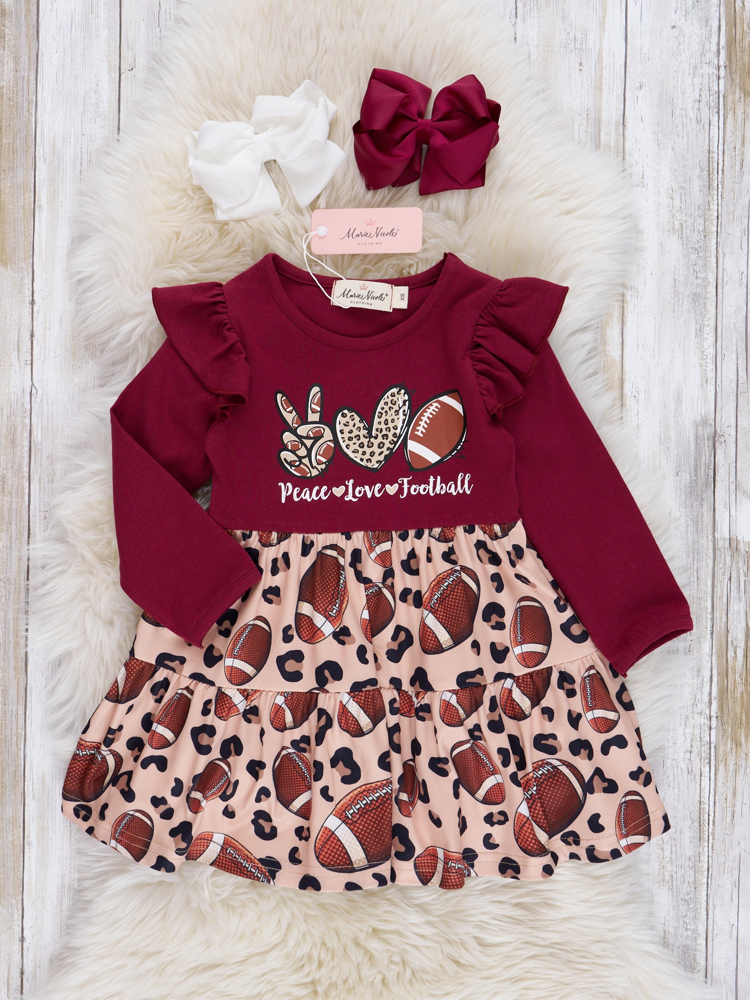 Burgundy "Love, Peace & Football" Ruffle Dress - Marie Nicole Clothing