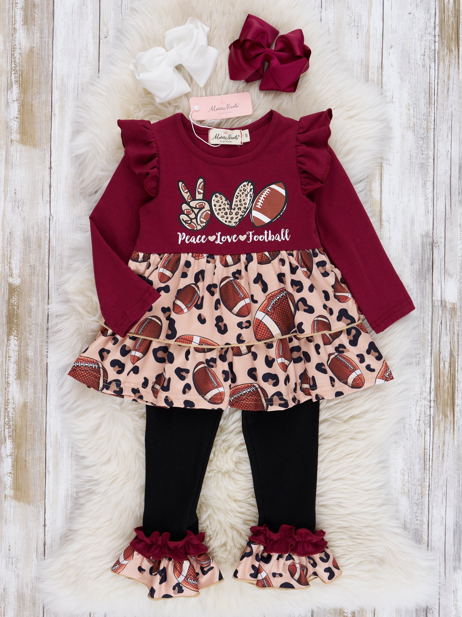 Burgundy "Love, Peace & Football" Ruffle Outfit - Marie Nicole Clothing