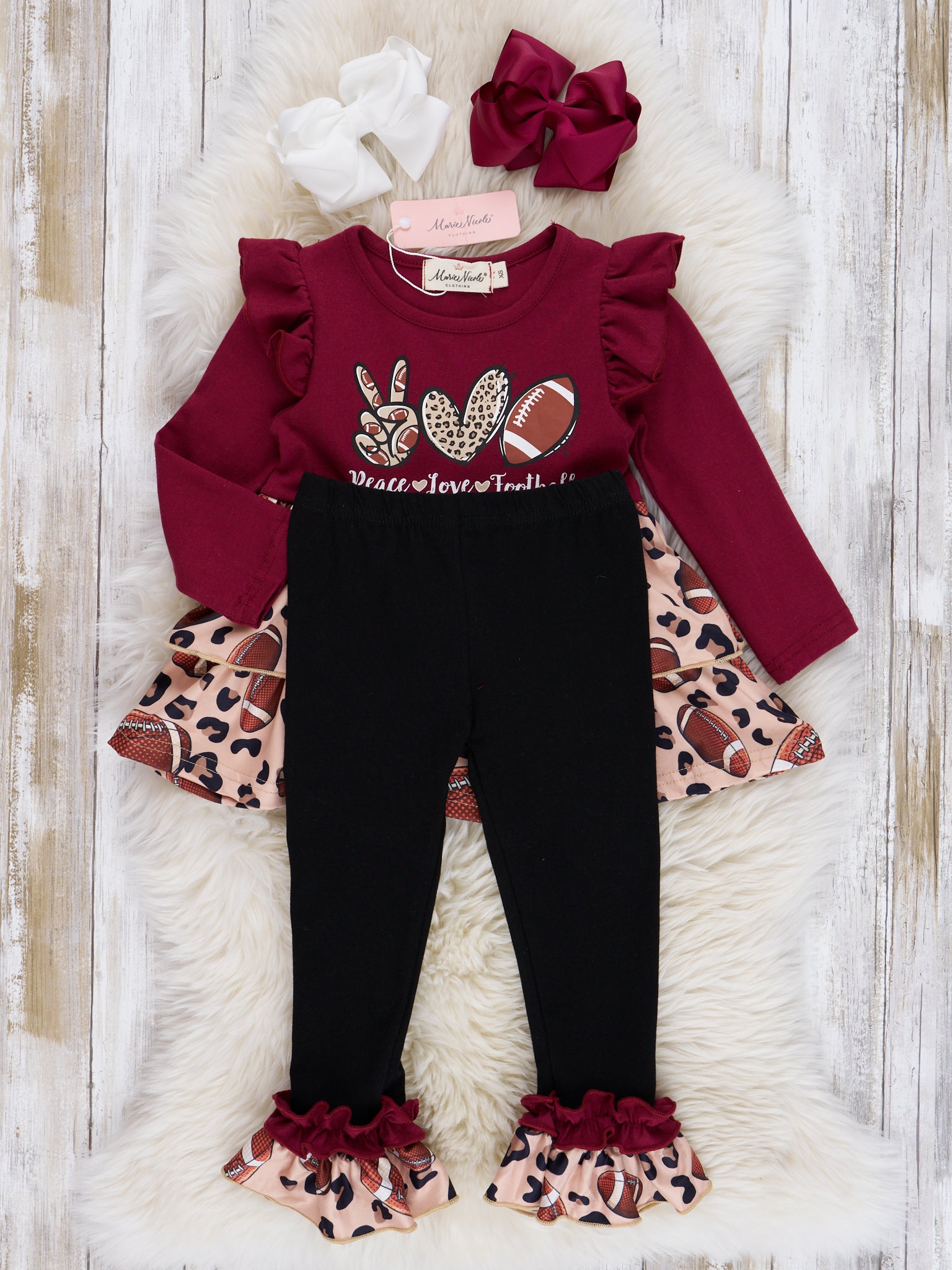 Burgundy "Love, Peace & Football" Ruffle Outfit - Marie Nicole Clothing