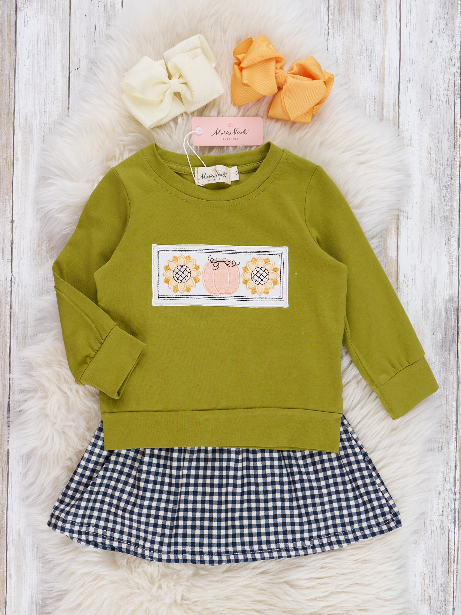Olive Embroidered Sunflower Gingham Outfit - Marie Nicole Clothing