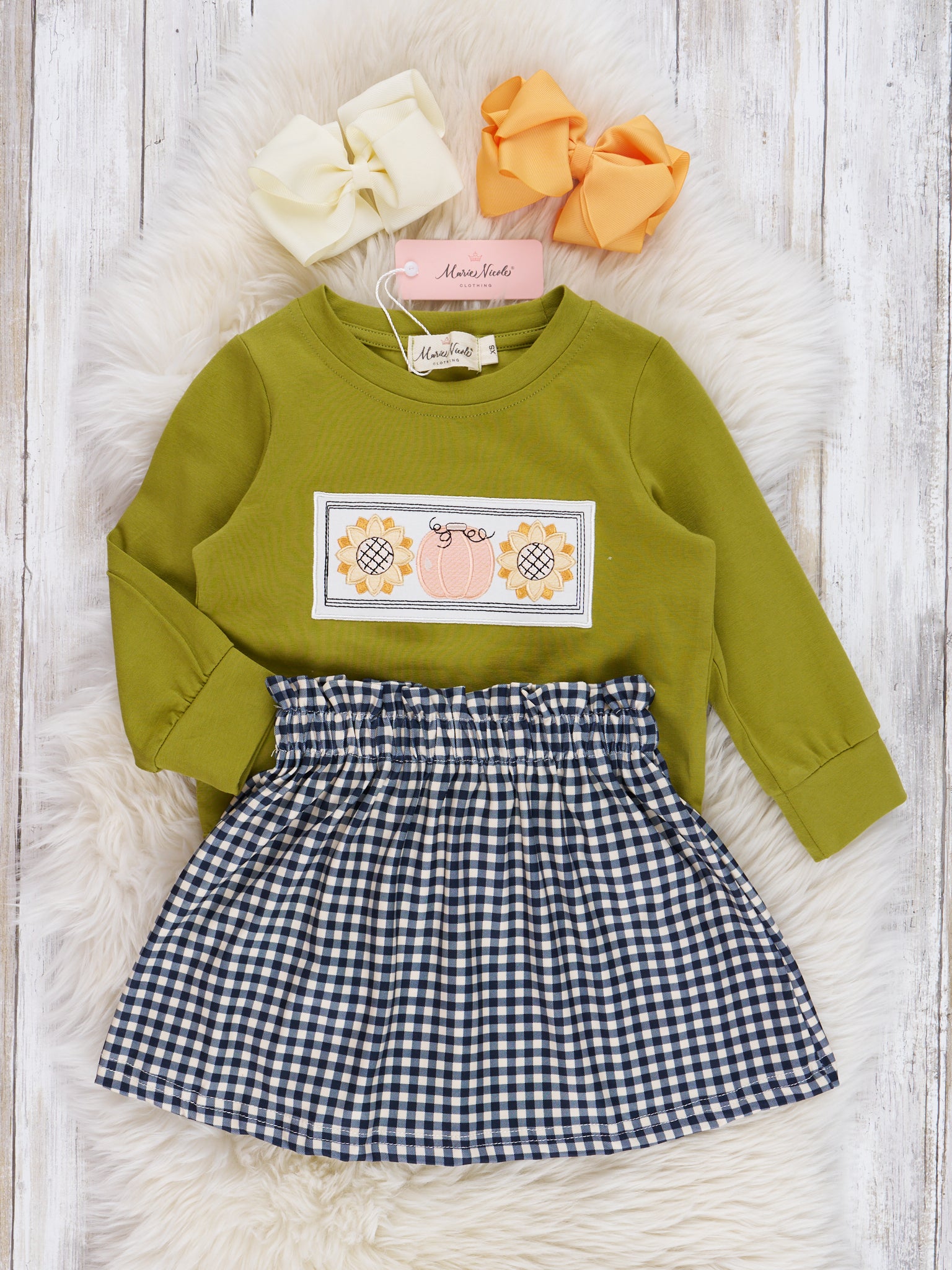 Olive Embroidered Sunflower Gingham Outfit - Marie Nicole Clothing