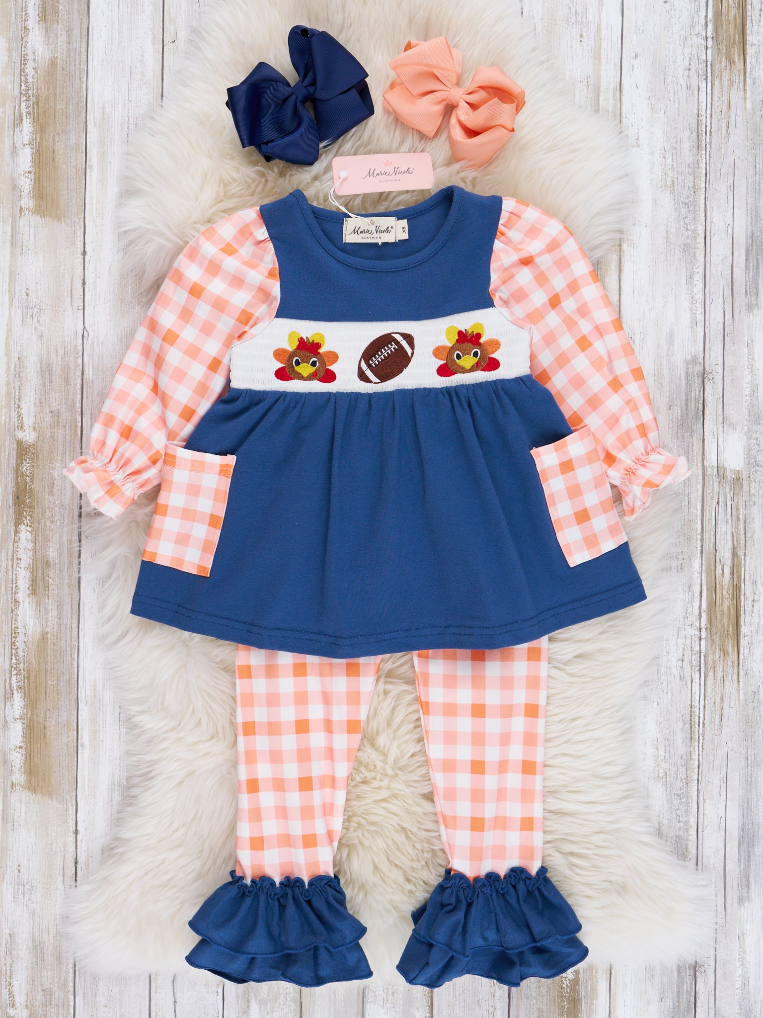 Navy & Orange Plaid Smocked Football Ruffle Outfit - Marie Nicole Clothing