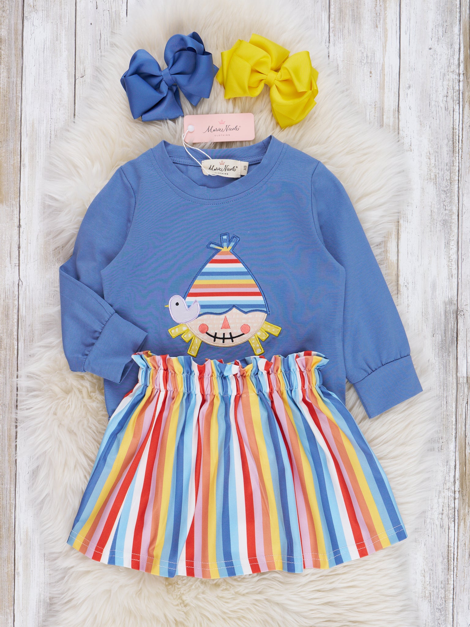 Chambray Rainbow Scarecrow Outfit - Marie Nicole Clothing