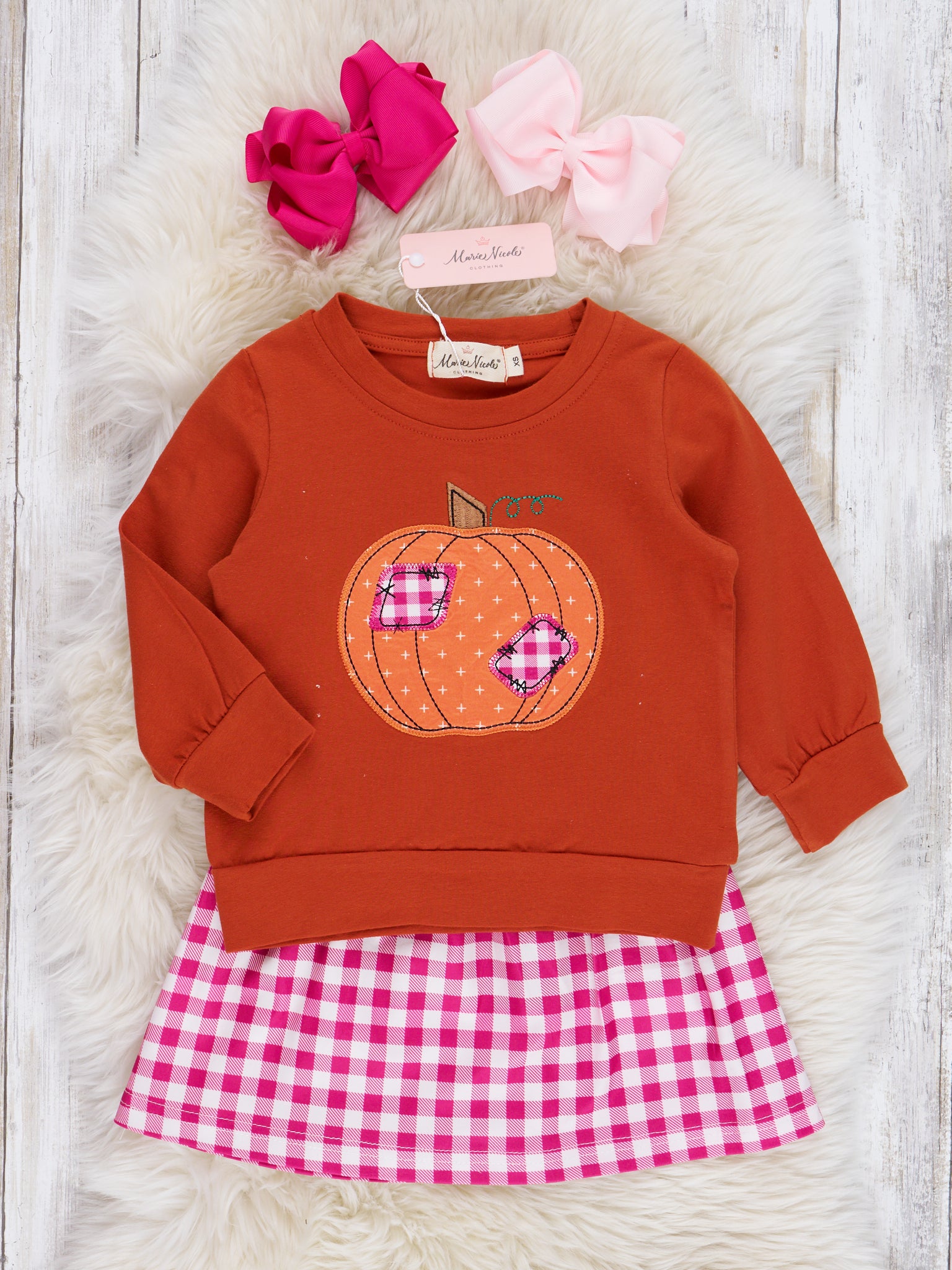 Magenta & Cinnamon Gingham Pumpkin Outfit - Marie Nicole Clothing