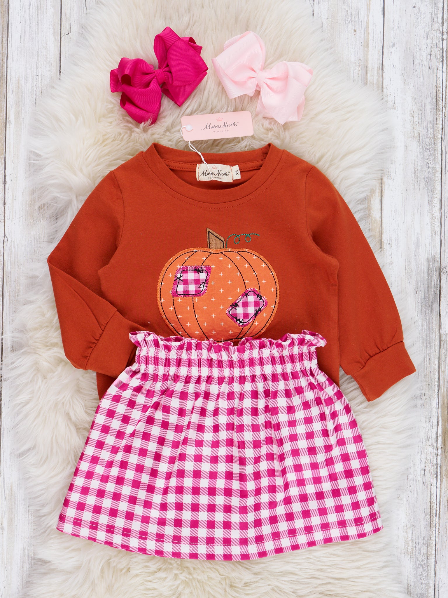 Magenta & Cinnamon Gingham Pumpkin Outfit - Marie Nicole Clothing