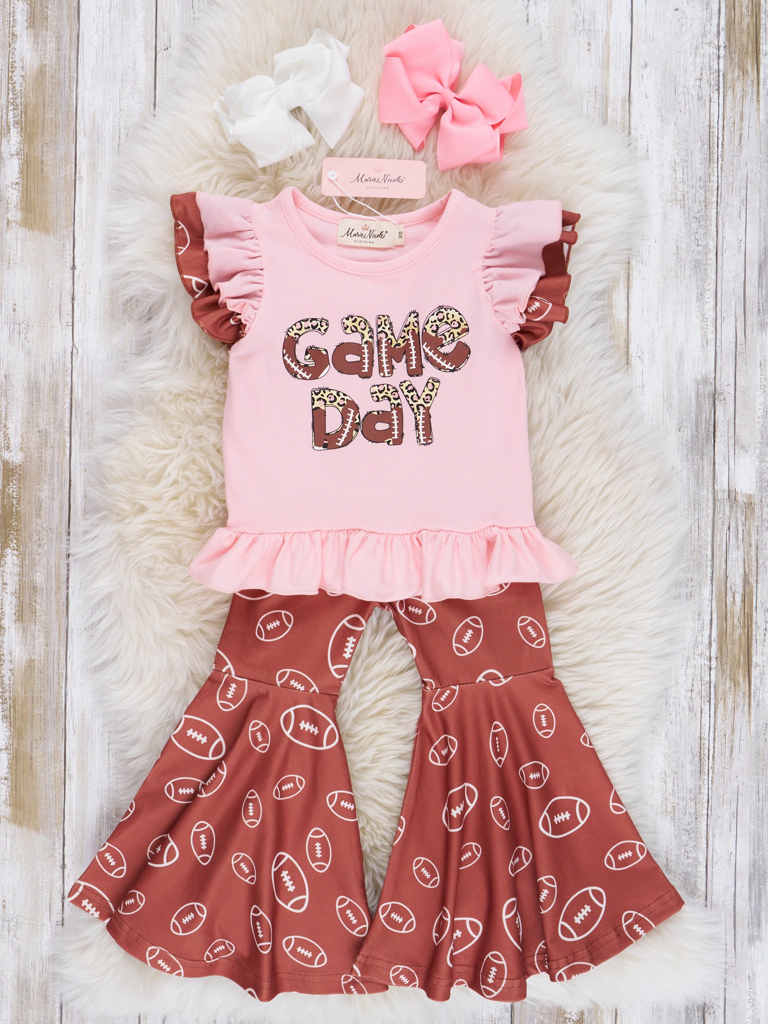 Pink & Brown Football "Game Day" Bell Bottom Outfit - Marie Nicole Clothing