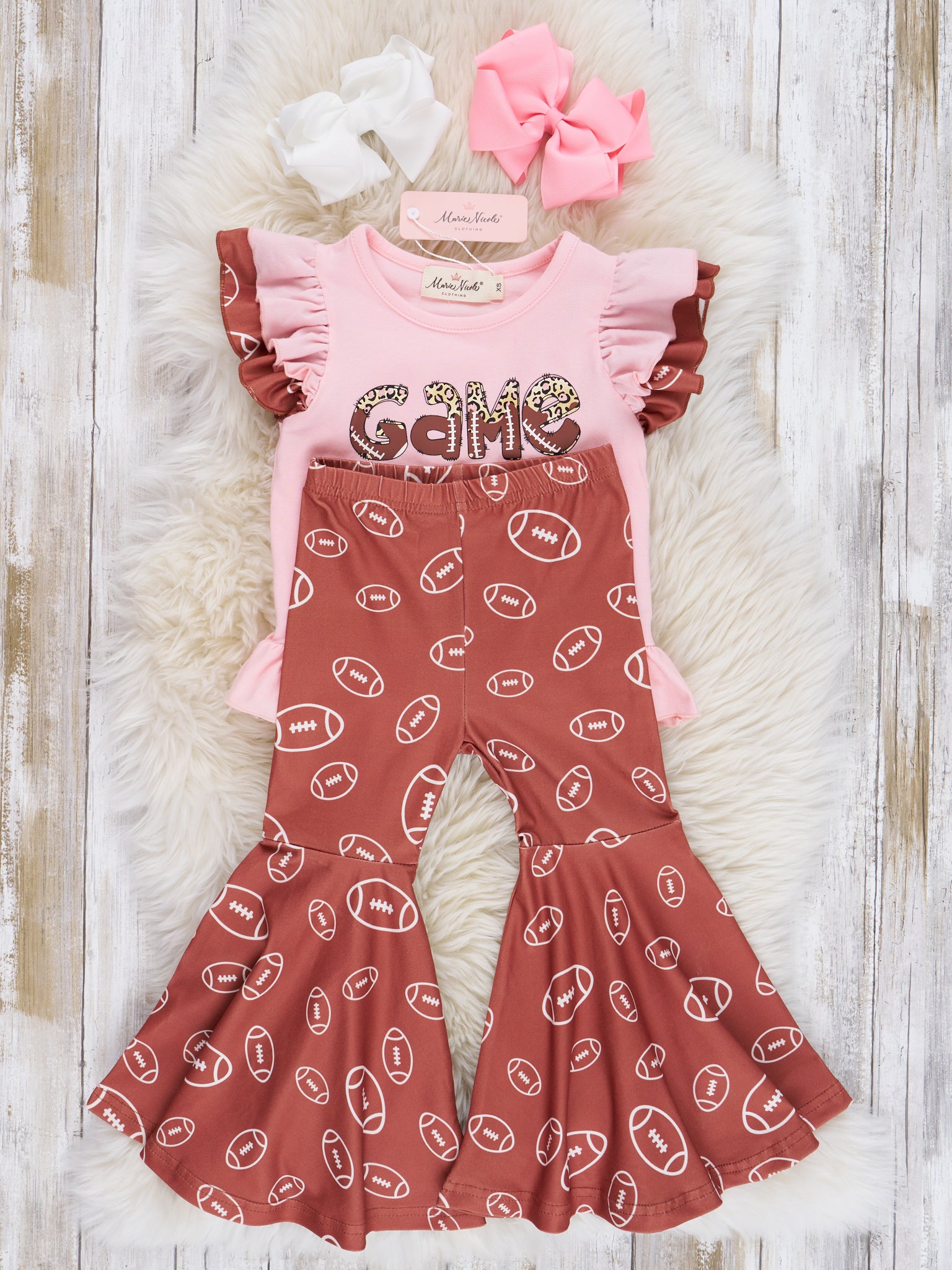 Pink & Brown Football "Game Day" Bell Bottom Outfit - Marie Nicole Clothing