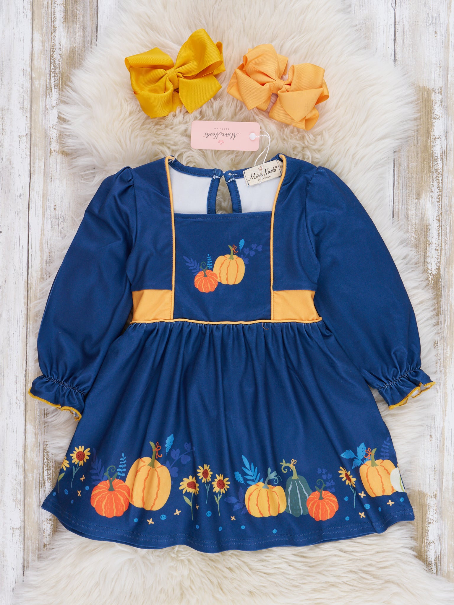 Navy & Yellow Gourds Ruffle Dress - Marie Nicole Clothing