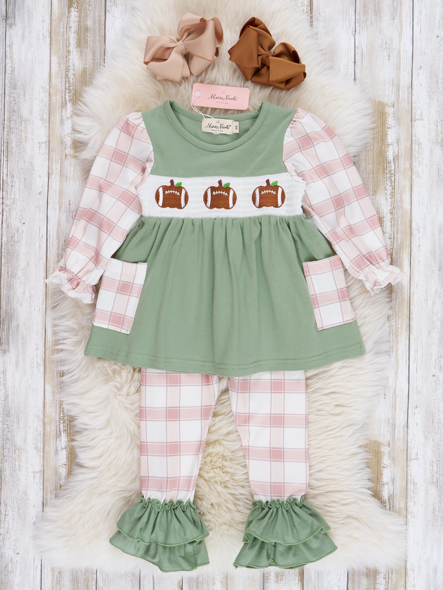 Tan & Olive Plaid Smocked Football Ruffle Outfit - Marie Nicole Clothing