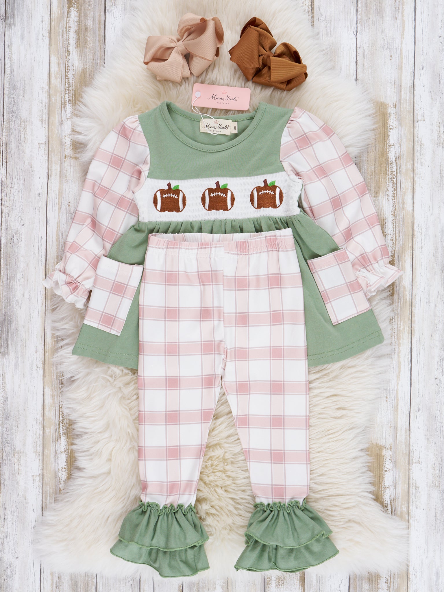 Tan & Olive Plaid Smocked Football Ruffle Outfit - Marie Nicole Clothing