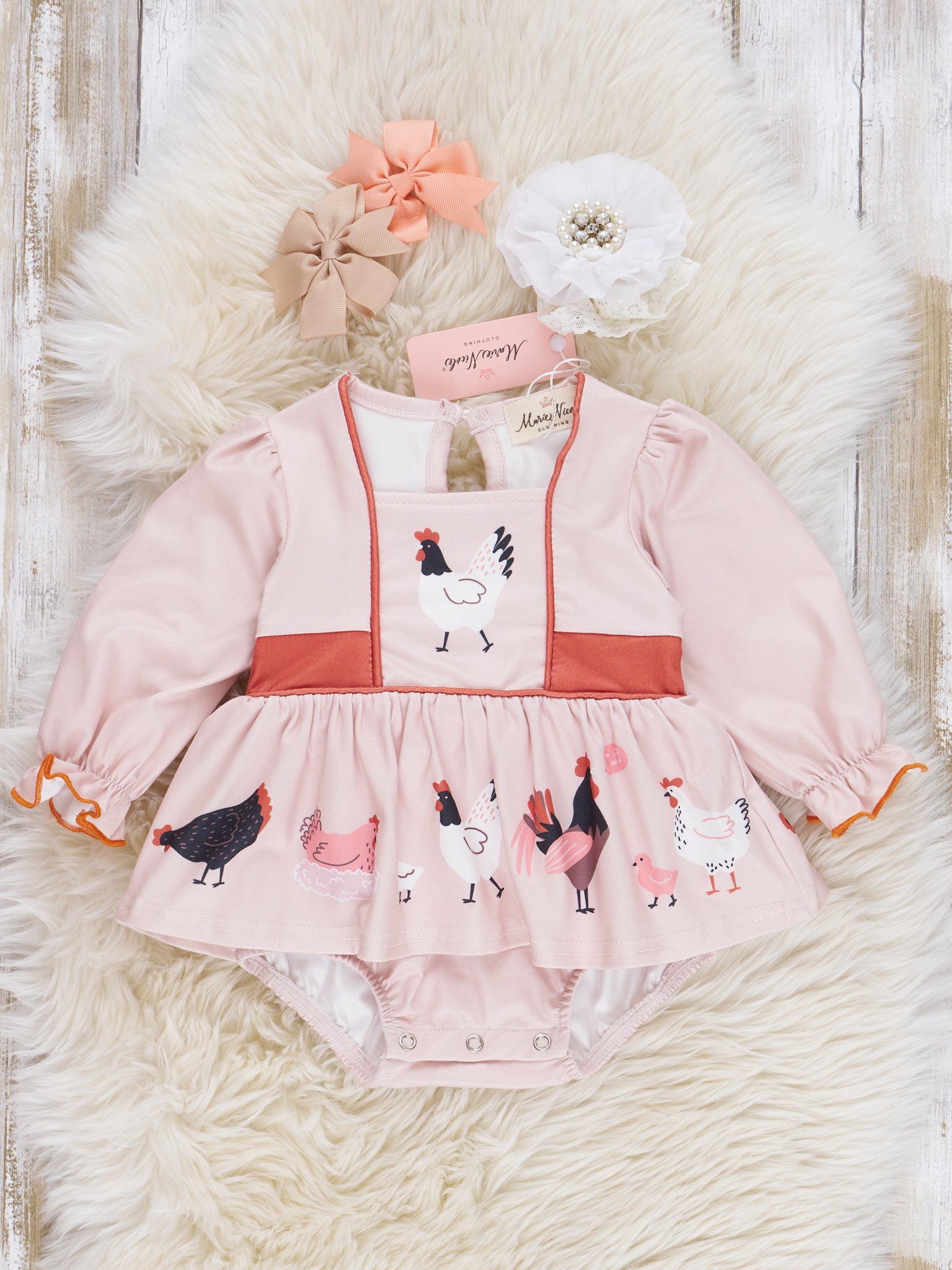Burnt Orange & Blush Chicken Ruffle Romper - Marie Nicole Clothing