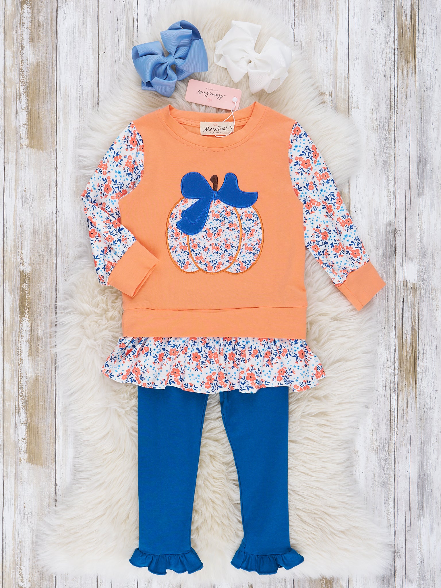 Orange & Navy Floral Pumpkin Ruffle Outfit - Marie Nicole Clothing