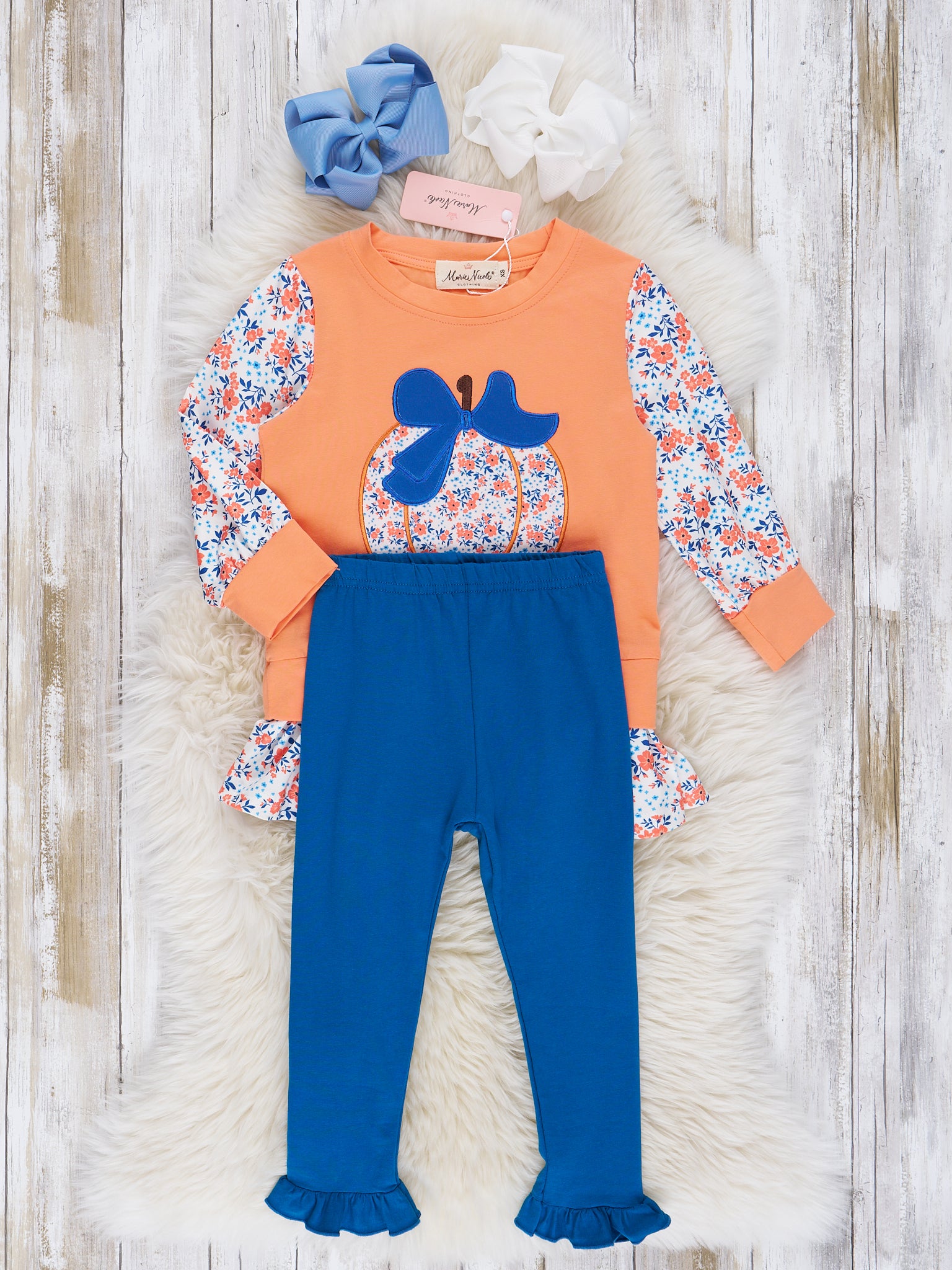 Orange & Navy Floral Pumpkin Ruffle Outfit - Marie Nicole Clothing