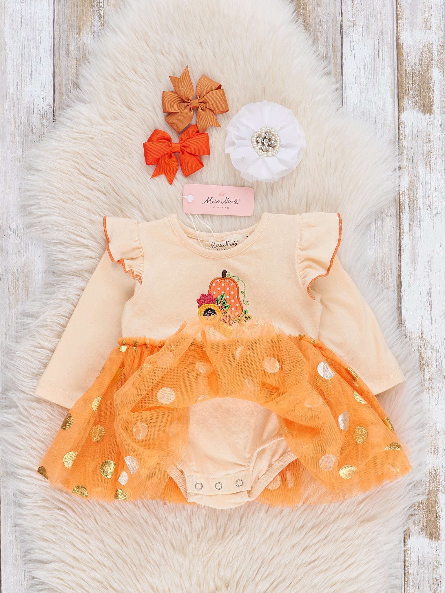 Orange Embroidered Gourds Polka Dot Tulle Bubble Romper - Marie Nicole Clothing