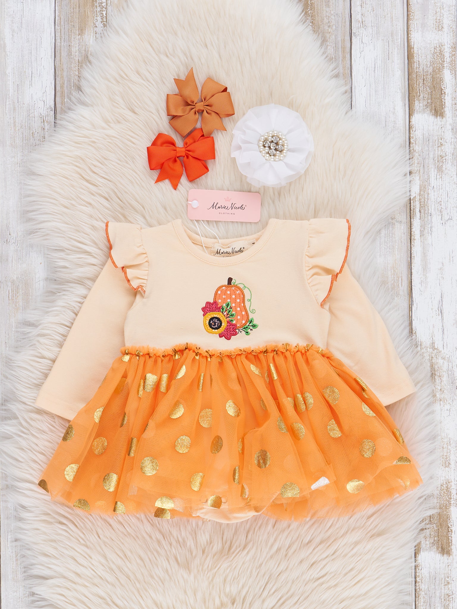 Orange Embroidered Gourds Polka Dot Tulle Bubble Romper - Marie Nicole Clothing