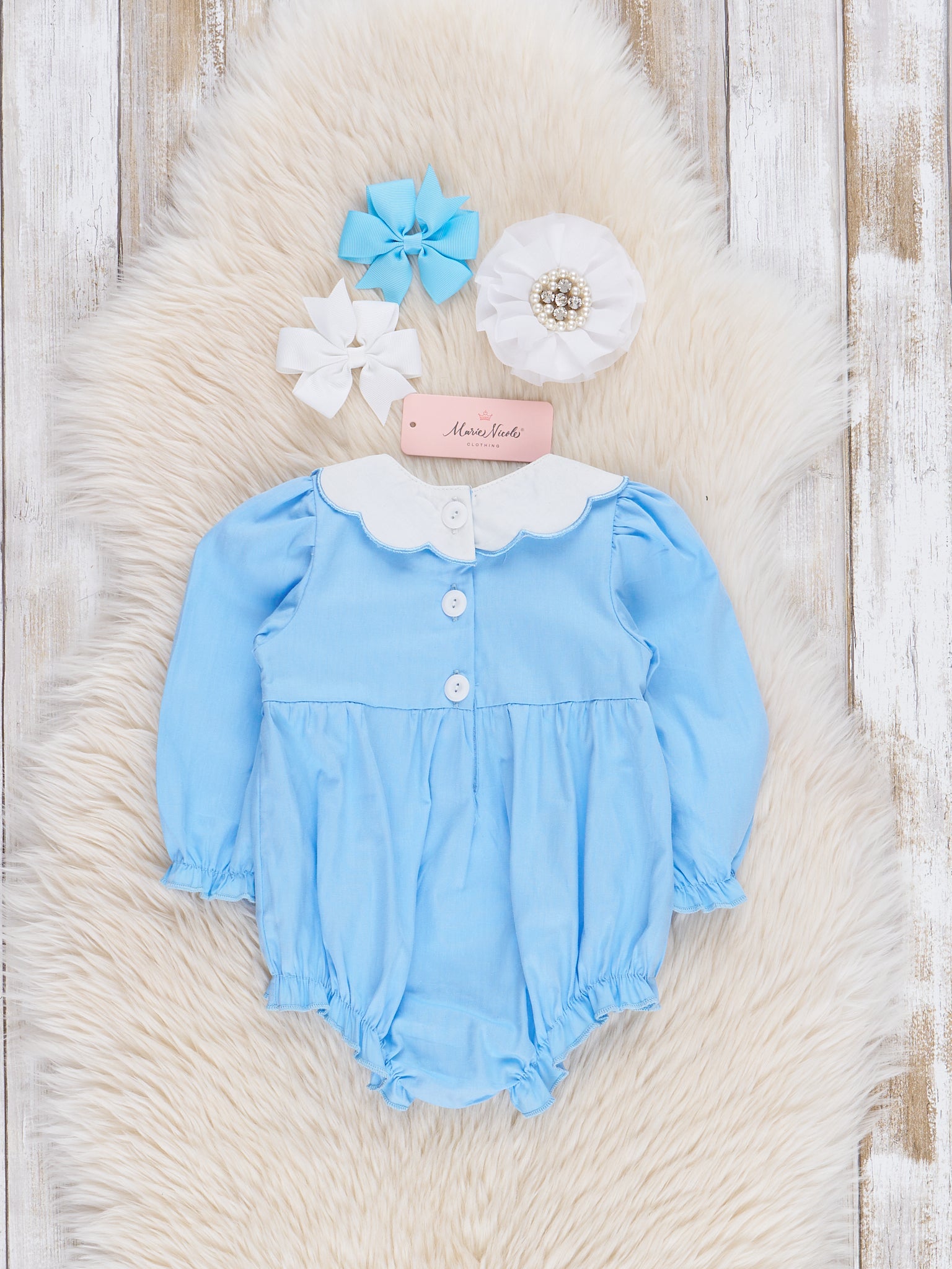 Blue Smocked Pumpkin Collar Ruffle Bubble Romper - Marie Nicole Clothing