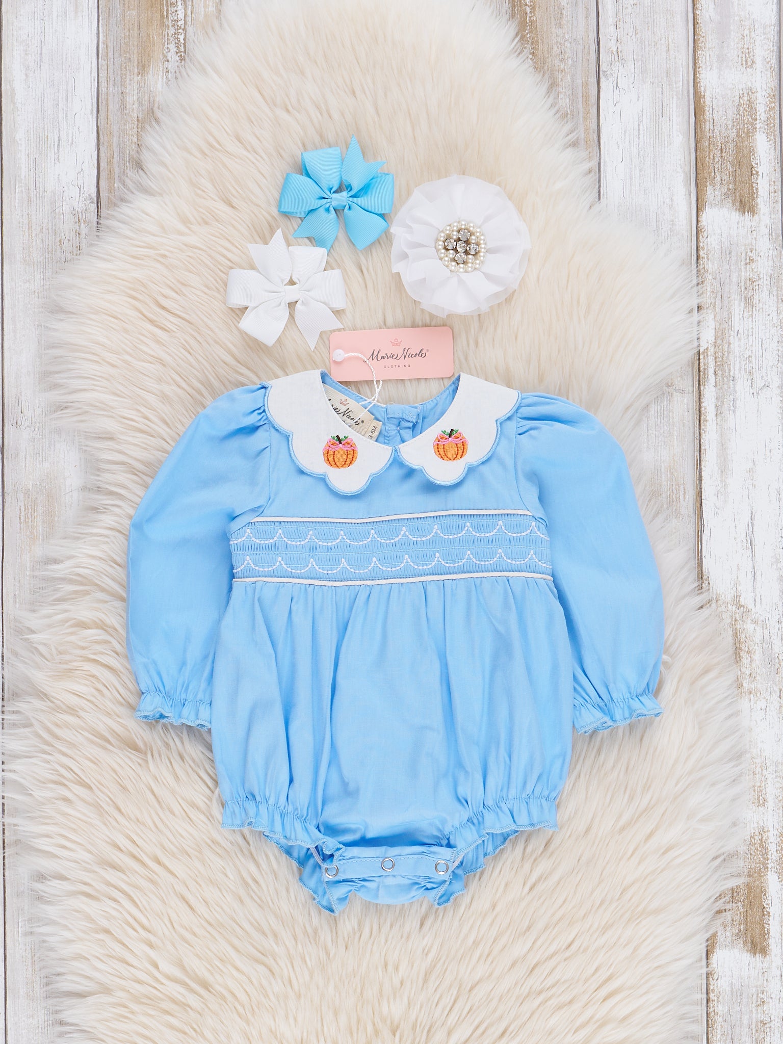 Blue Smocked Pumpkin Collar Ruffle Bubble Romper - Marie Nicole Clothing