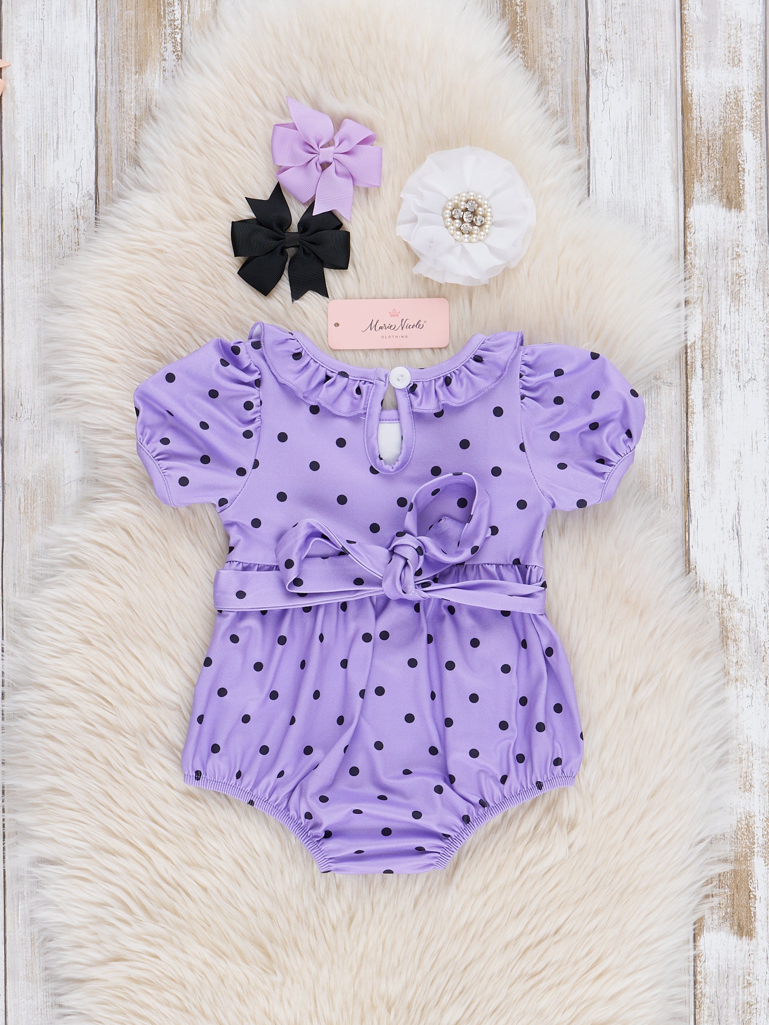 Purple Dots Smocked Ghosts Ruffle Bubble Romper - Marie Nicole Clothing