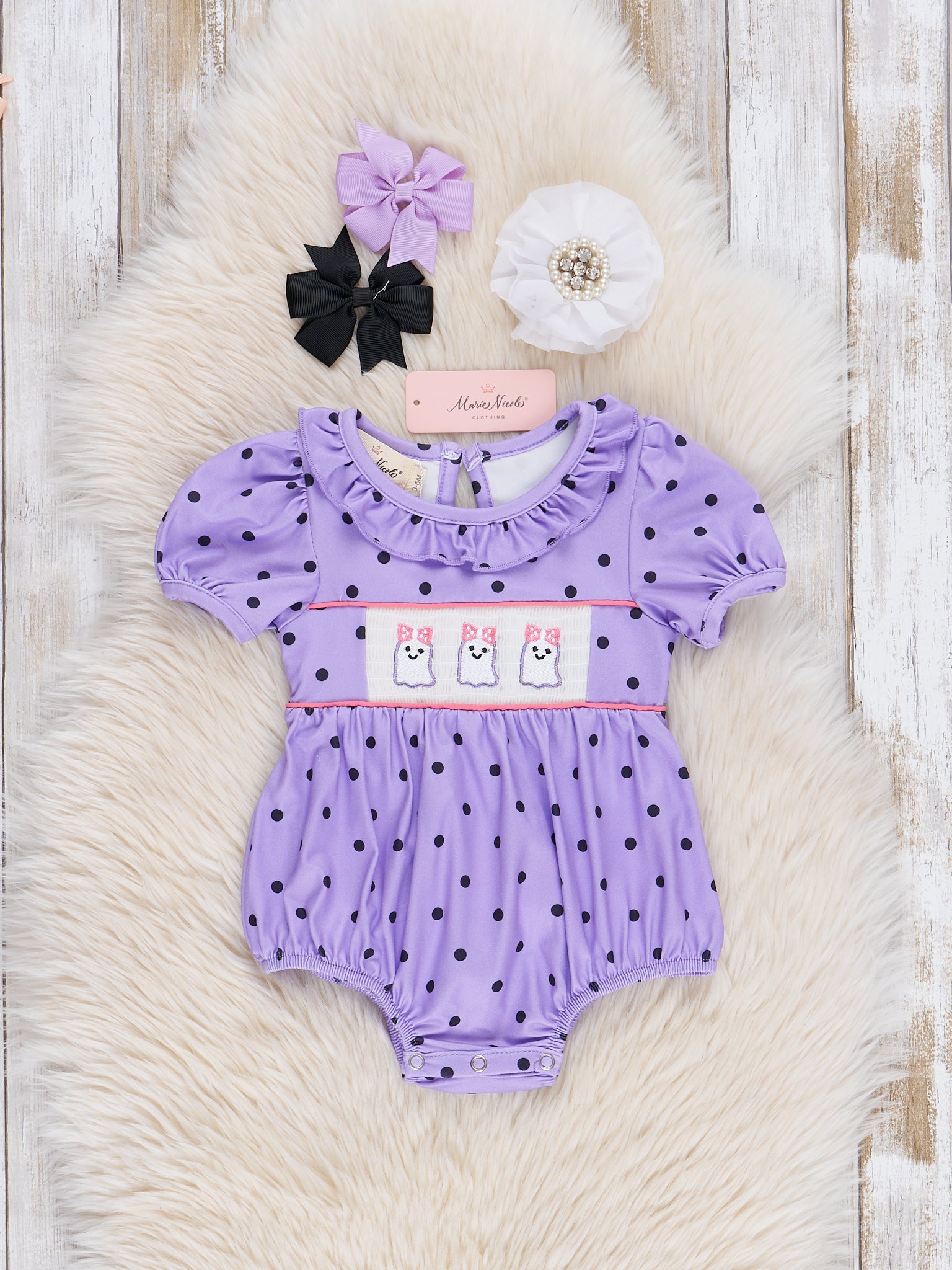 Purple Dots Smocked Ghosts Ruffle Bubble Romper - Marie Nicole Clothing