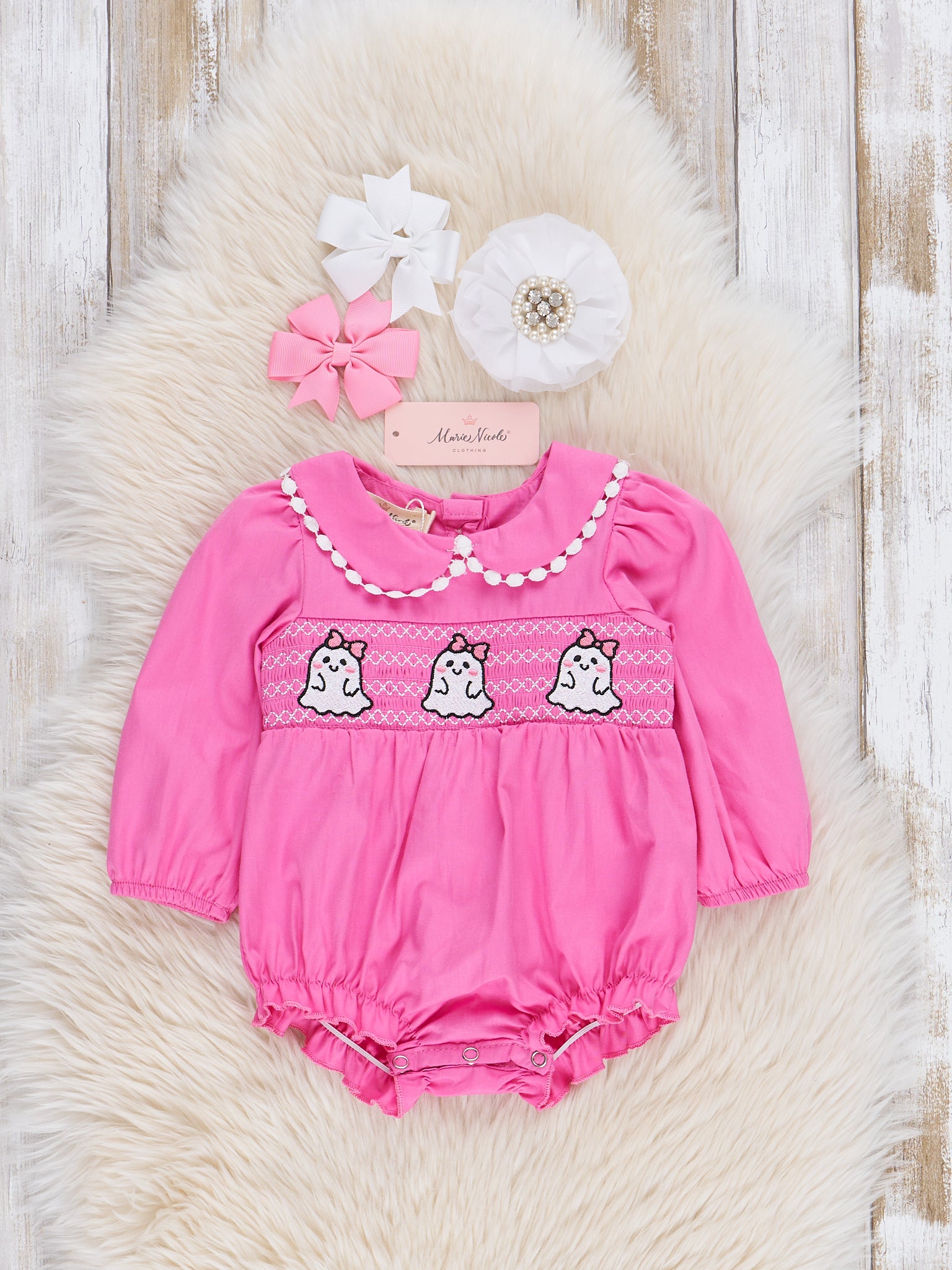 Pink Smocked Ghosts Ruffle Bubble Romper - Marie Nicole Clothing