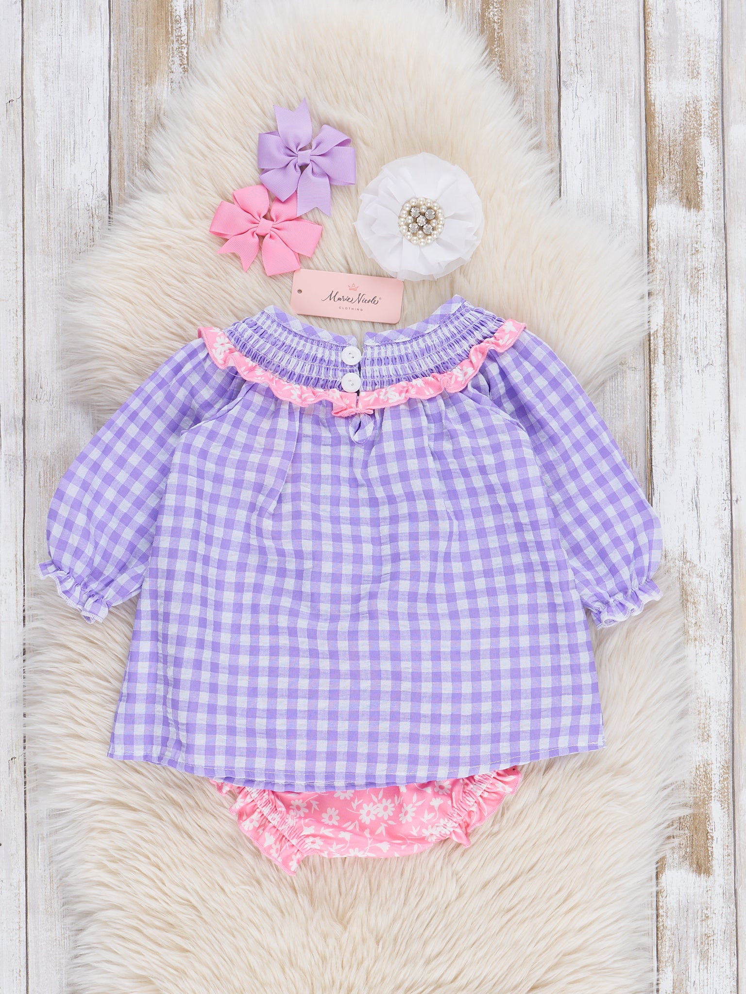 Purple Gingham Embroidered Ghosts Bloomers Outfit - Marie Nicole Clothing